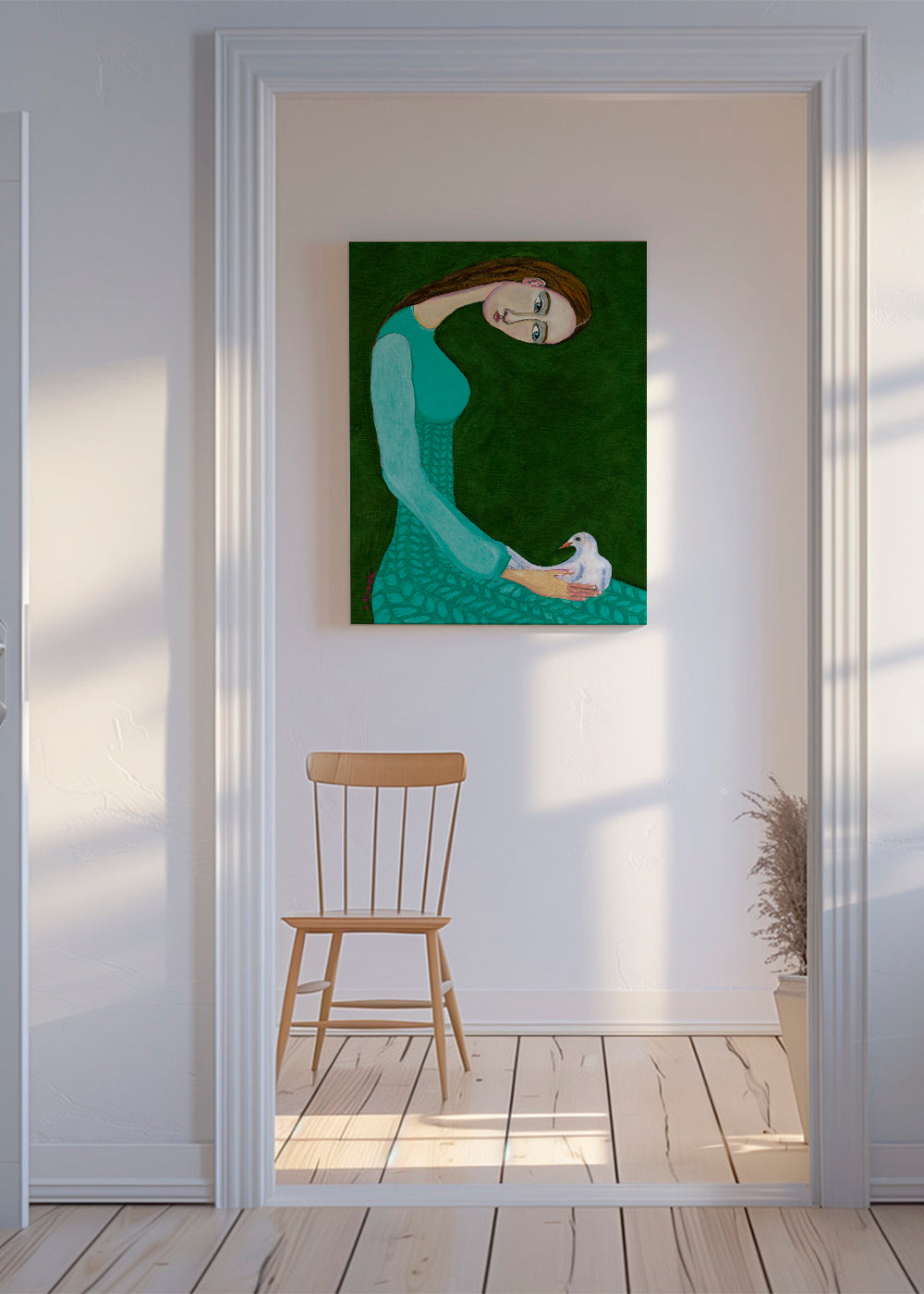 Lady sitting with white dove bird woman - Sharyn Bursic 