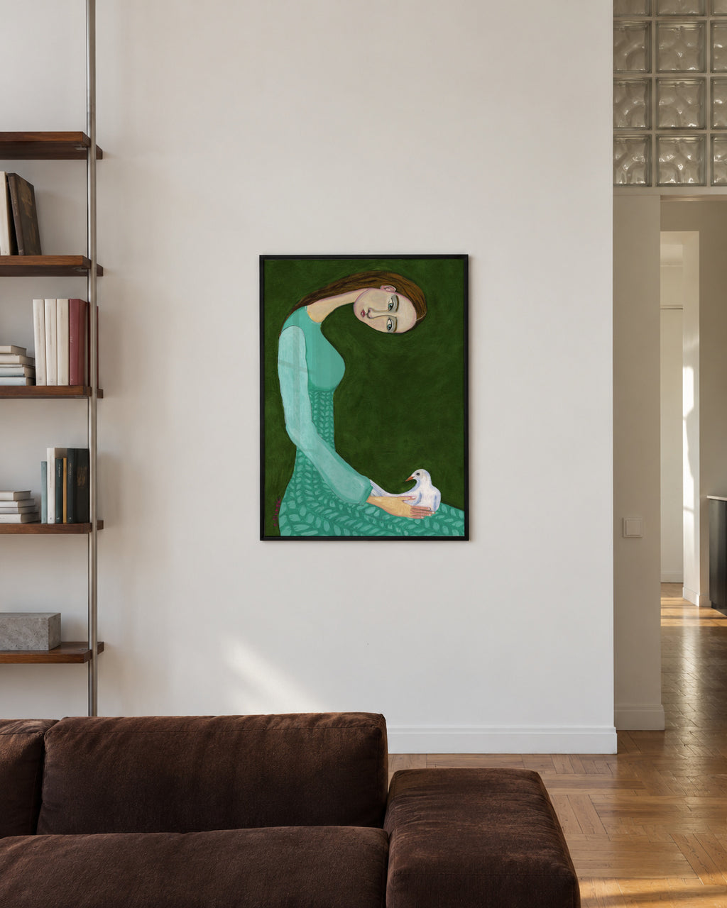 Lady sitting with white dove bird woman - Framed poster in an interior