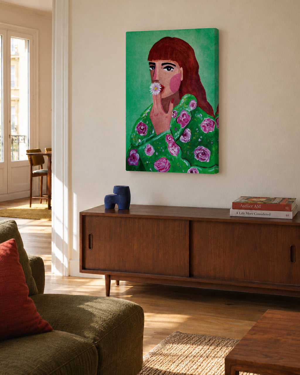 Woman Smoking a Flower - Unframed canvas in an interior