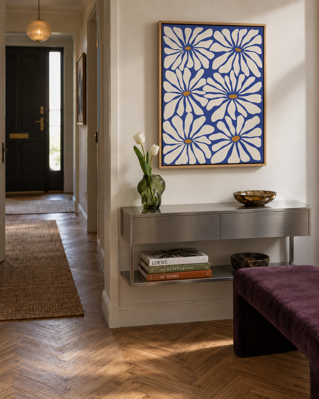Sunny Floral Blue - Framed canvas in an interior