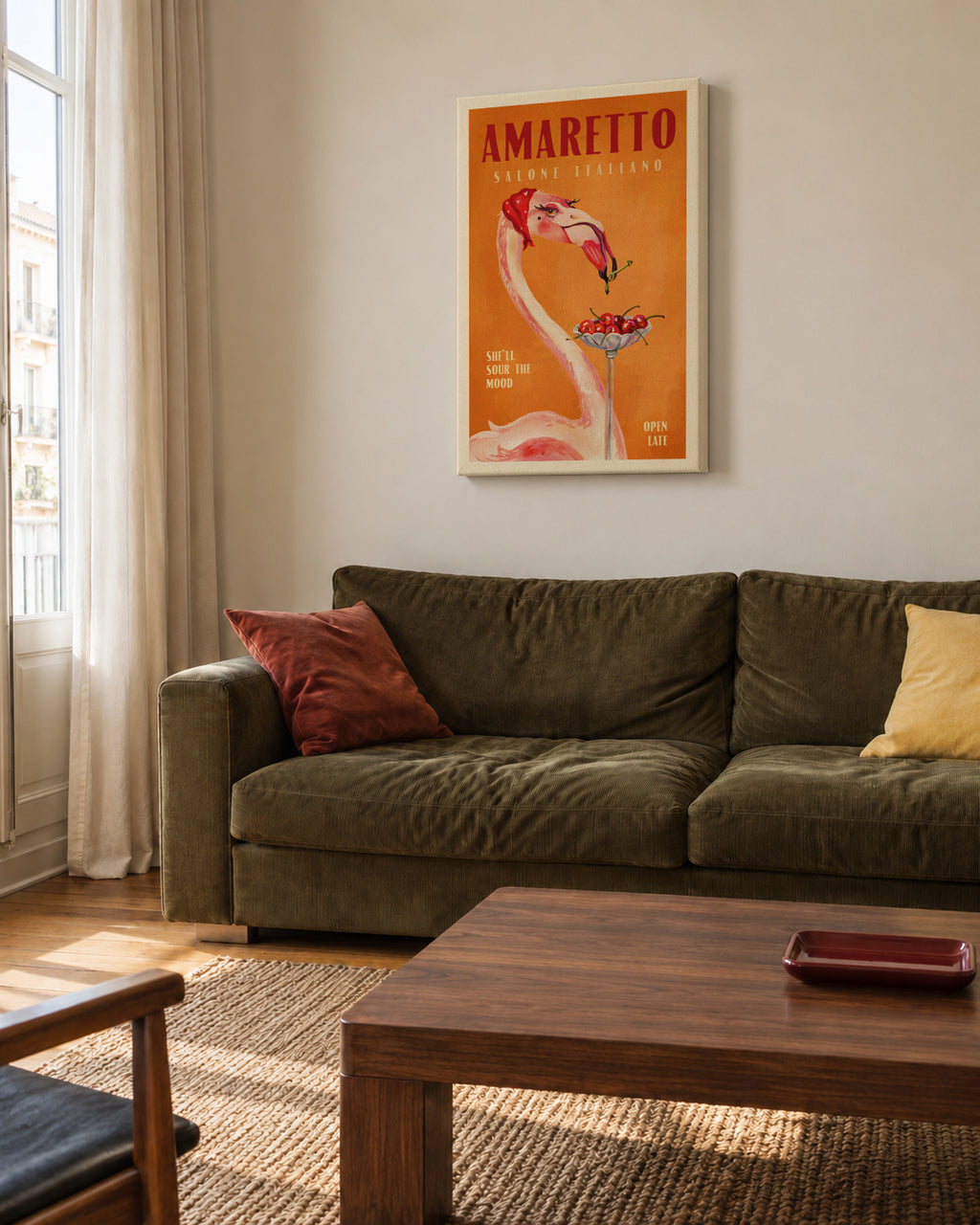 Amaretto Flamingo Art Deco Italian Cafe Travel Art - Unframed canvas in an interior