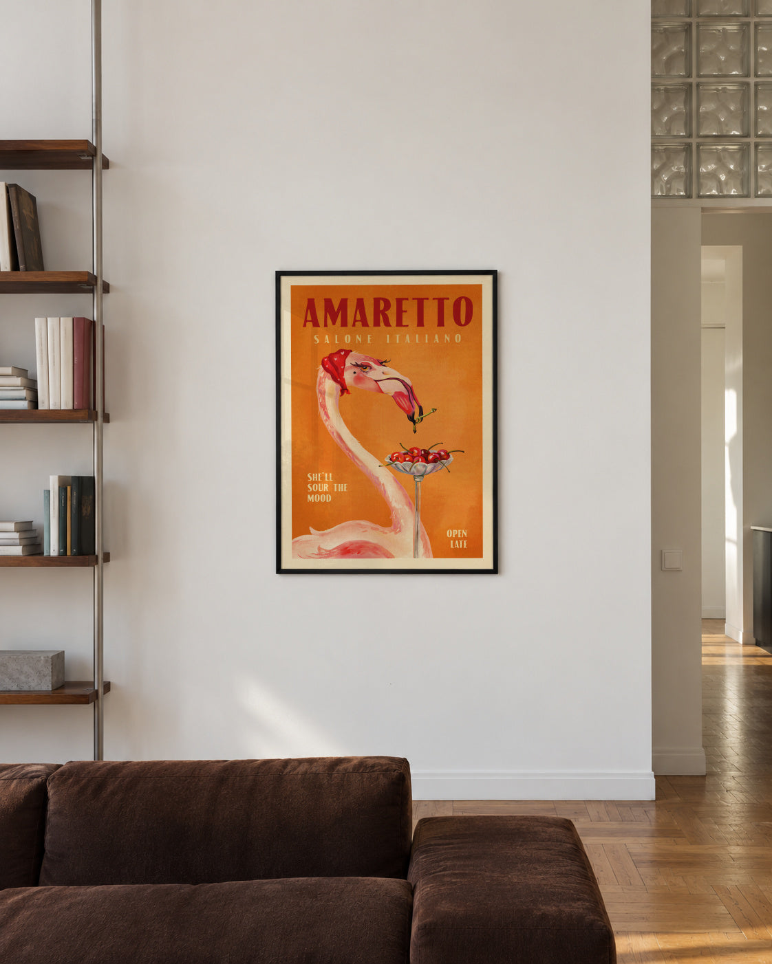 Amaretto Flamingo Art Deco Italian Cafe Travel Art - Framed poster in an interior