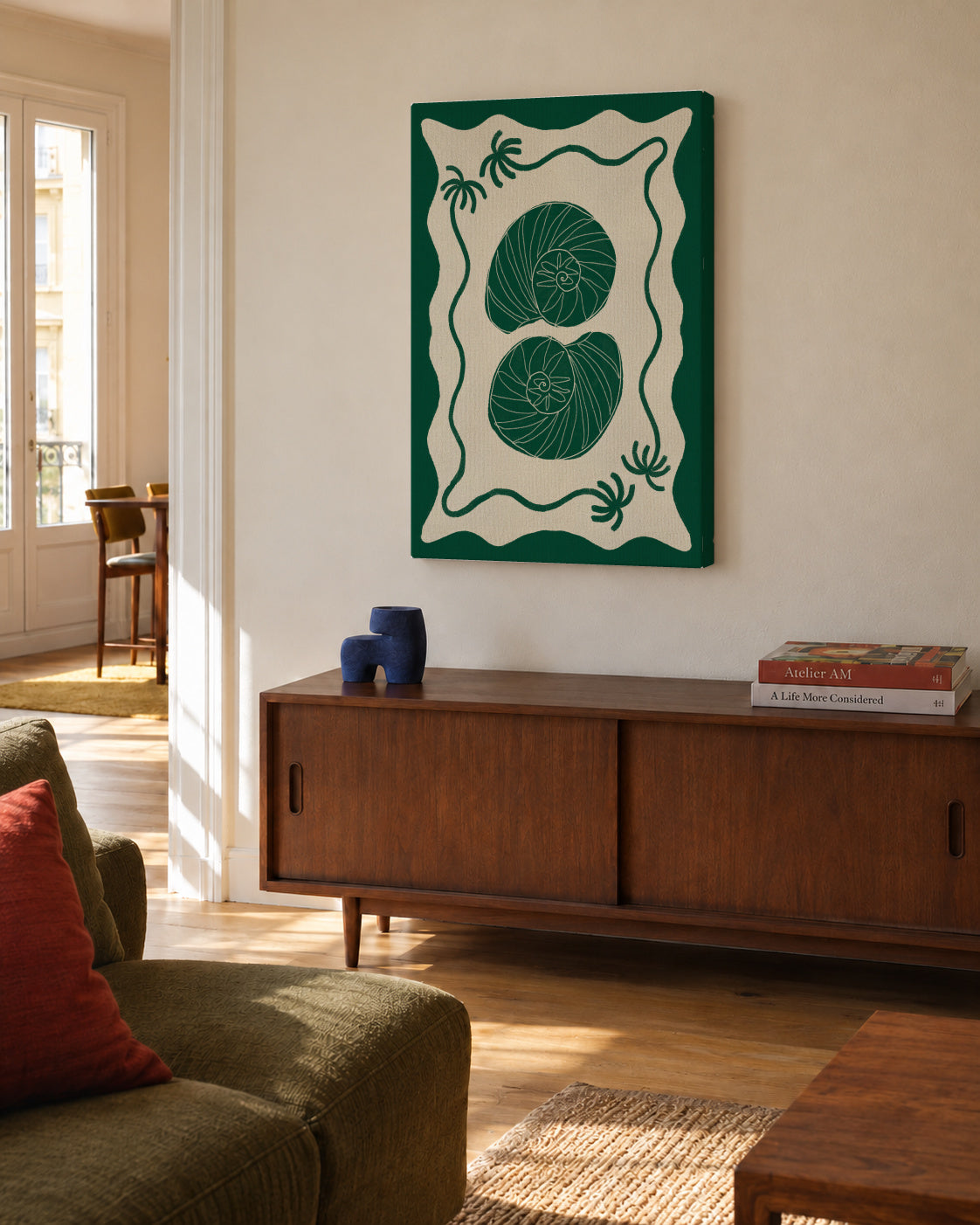 Green Seashell Stories - Unframed canvas in an interior
