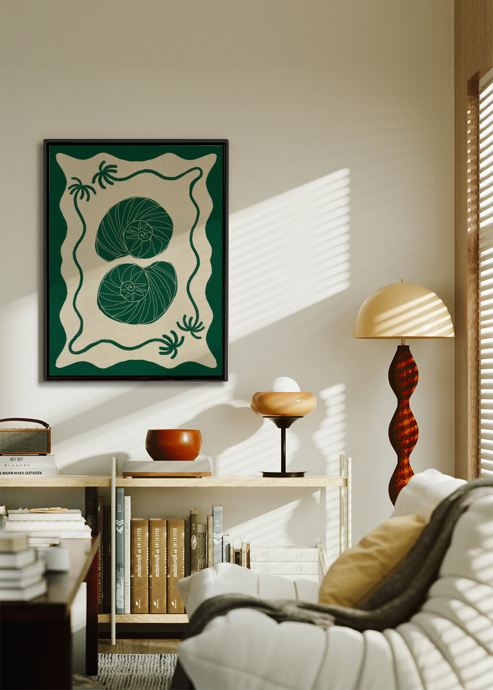 Green Seashell Stories - Framed canvas in an interior