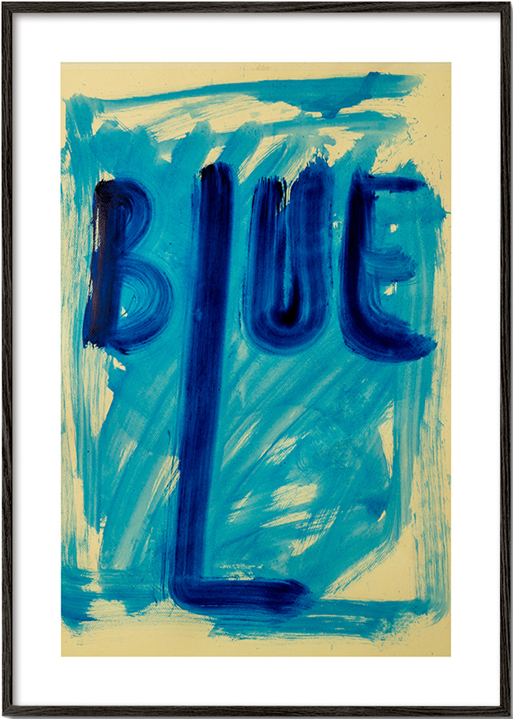 Cuadro abstracto con tipografía azul pintada a mano – Black Frame