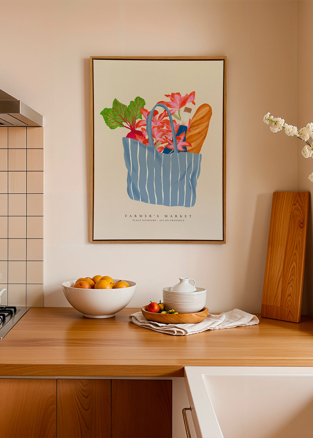 Arte da cucina con illustrazione di borsa del mercato