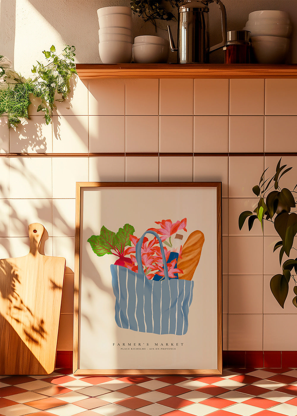 Arte da cucina con illustrazione di borsa del mercato