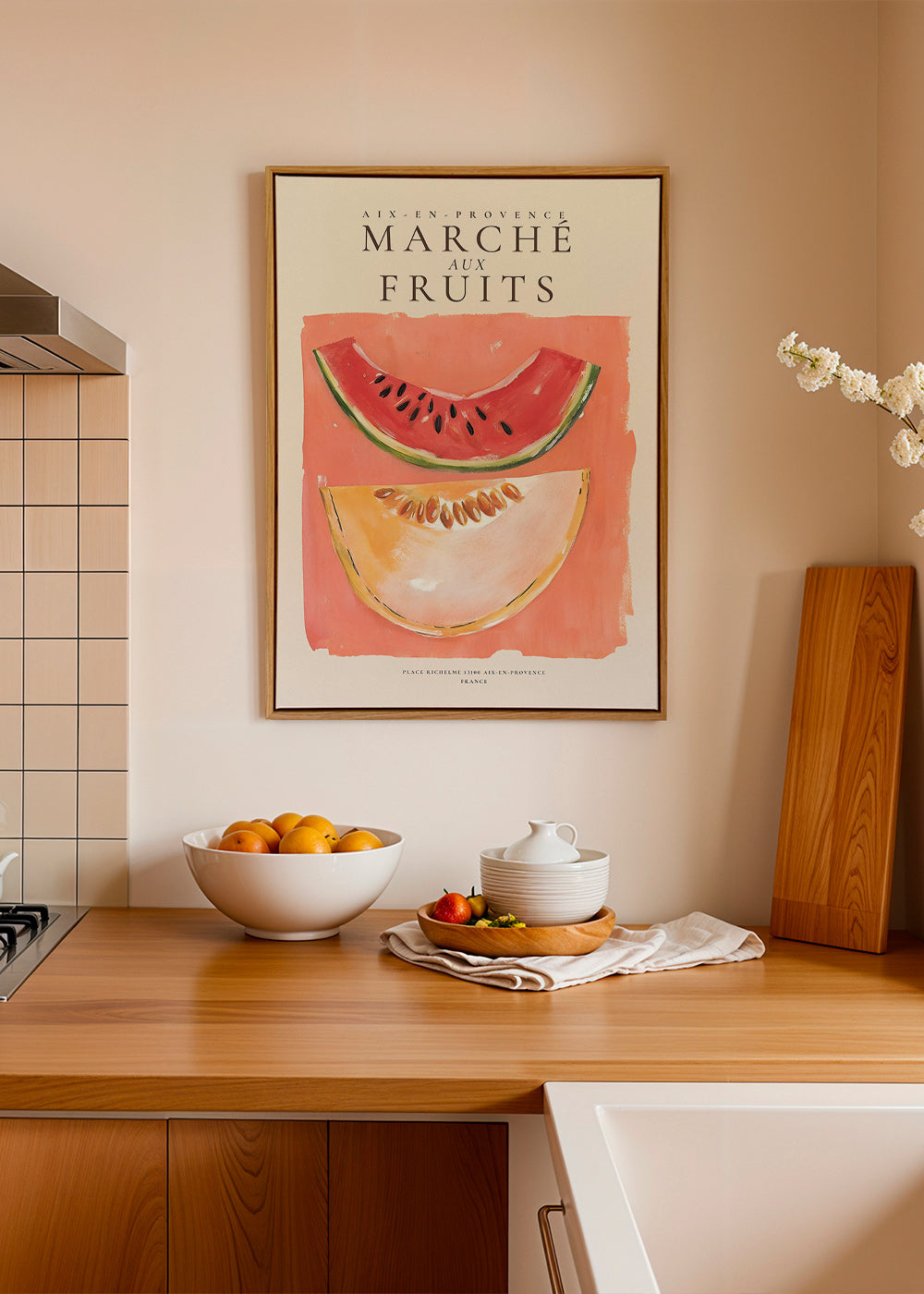 Arte da cucina mercato di frutta con fette di melone e anguria
