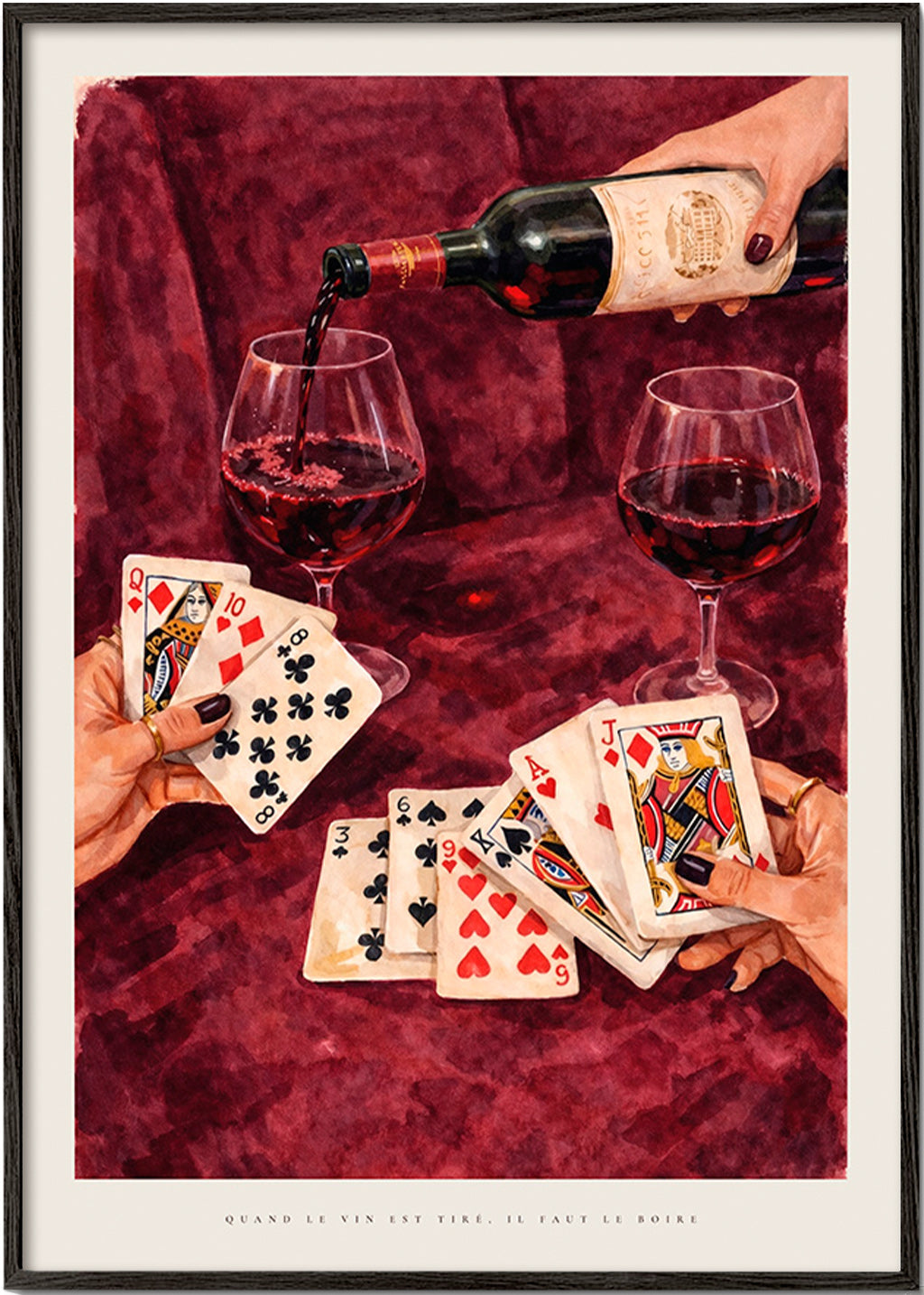 Arte da cucina con carte da gioco e vino rosso