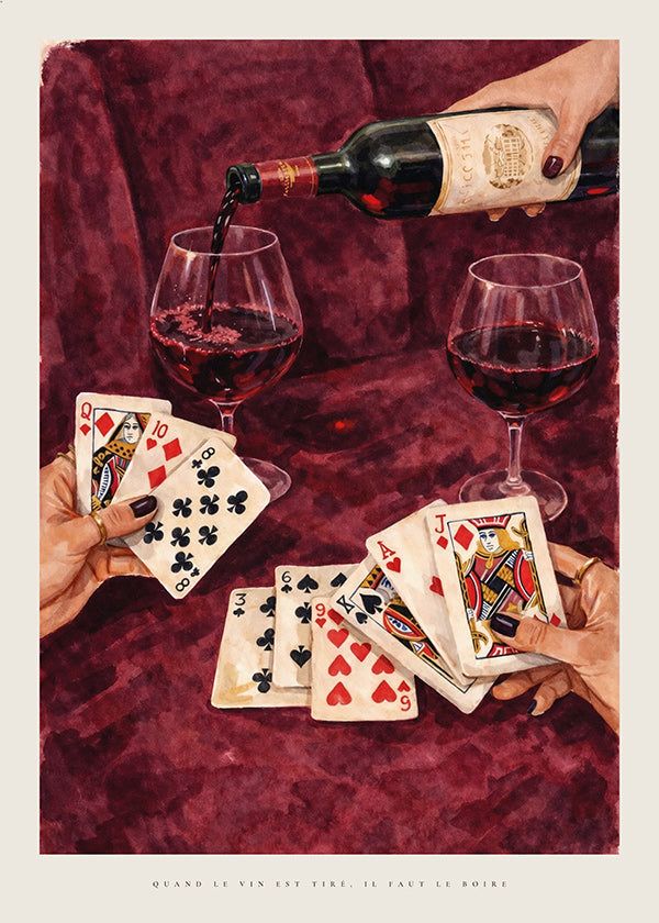 Arte da cucina con carte da gioco e vino rosso
