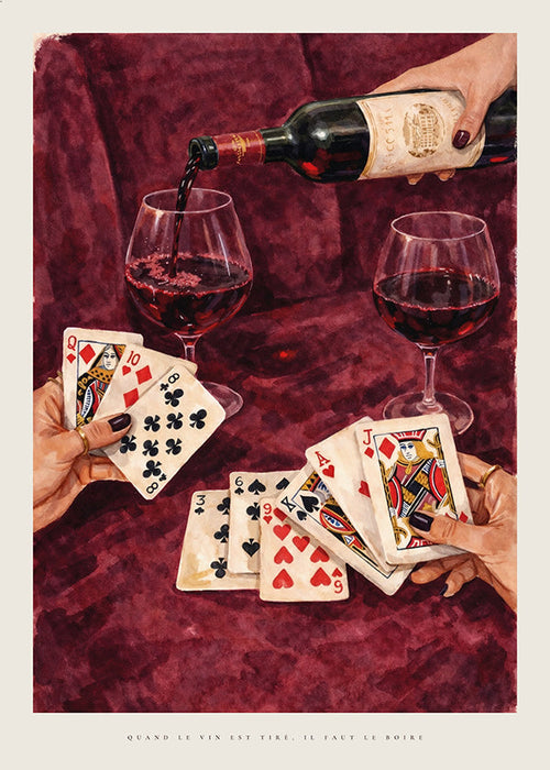 Arte da cucina con carte da gioco e vino rosso