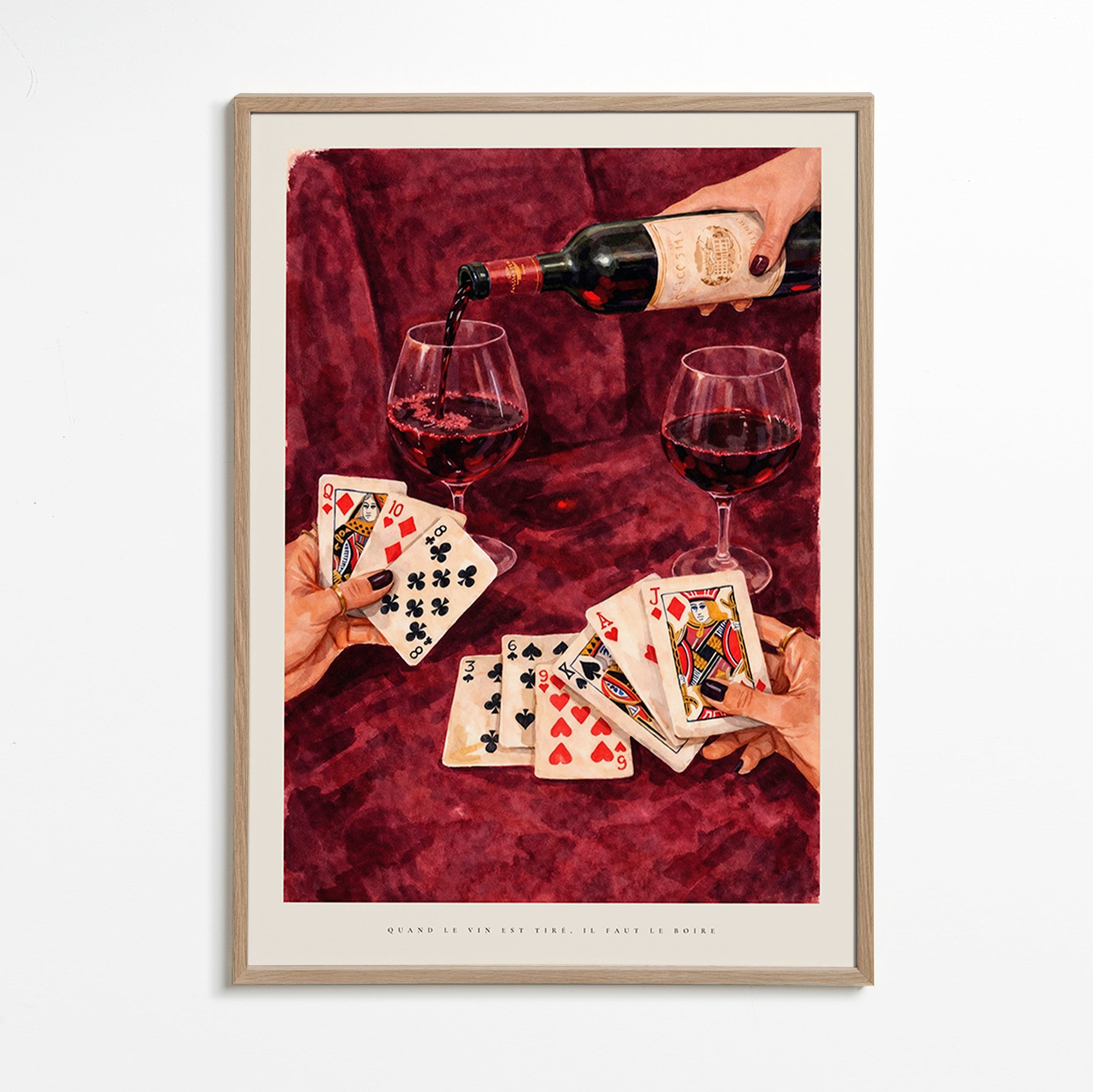 Arte da cucina con carte da gioco e vino rosso