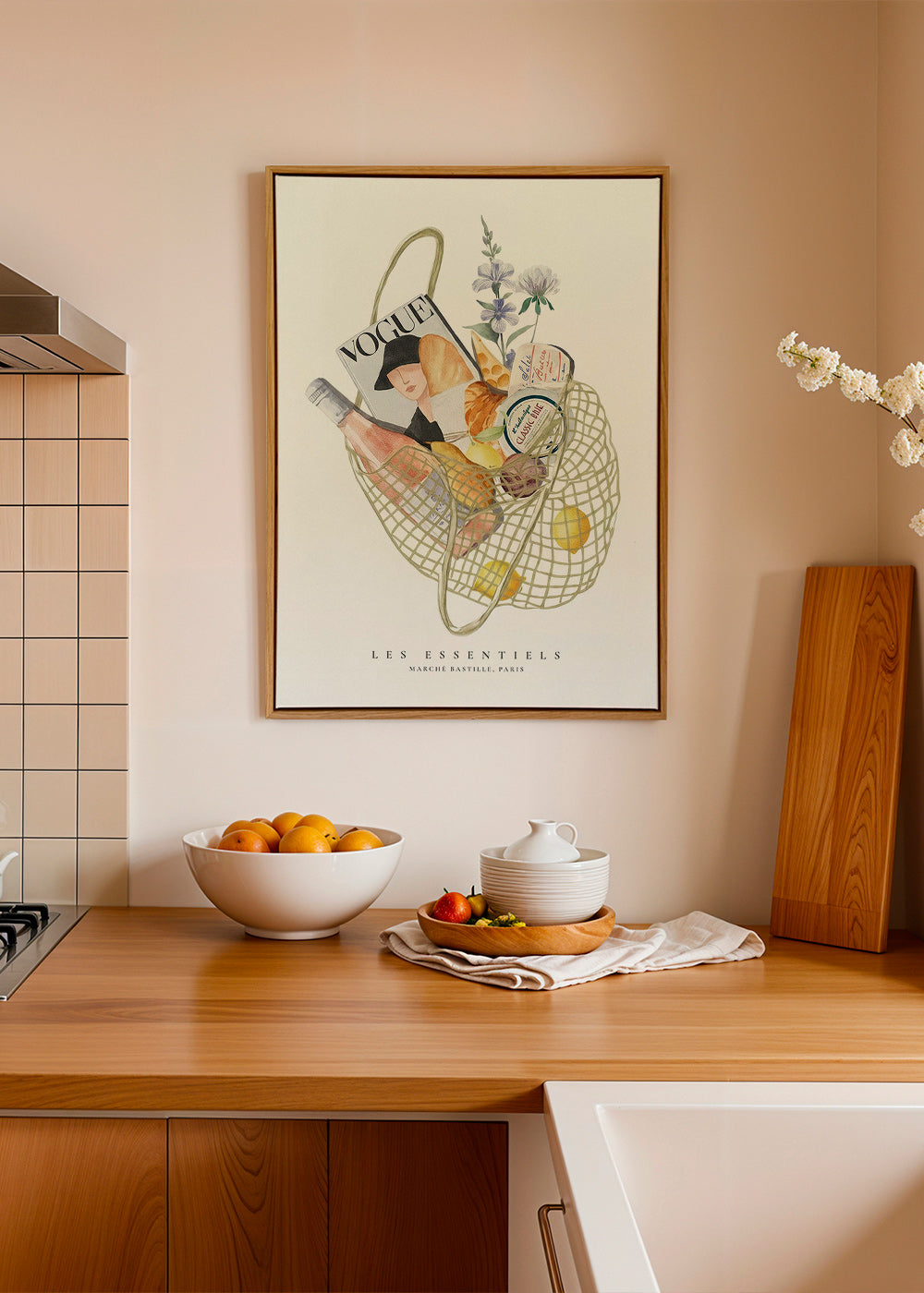 Arte da cucina con borsa del mercato illustrata