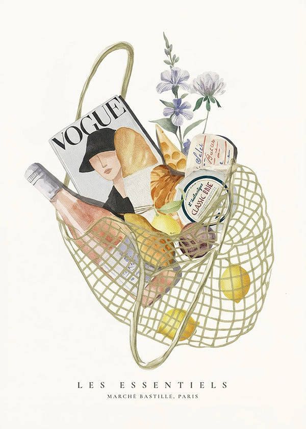 Arte da cucina con borsa del mercato illustrata