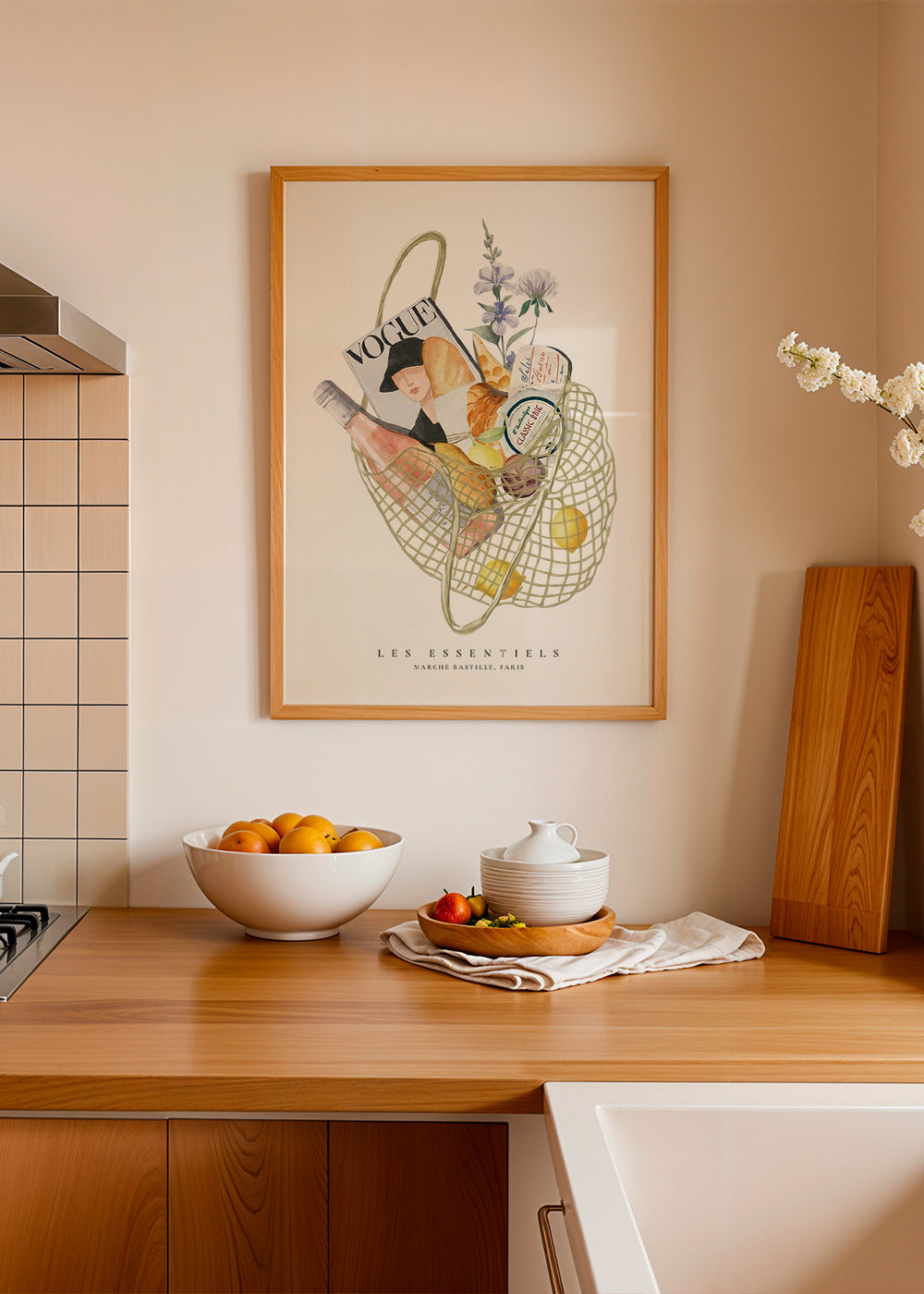 Arte da cucina con borsa del mercato illustrata