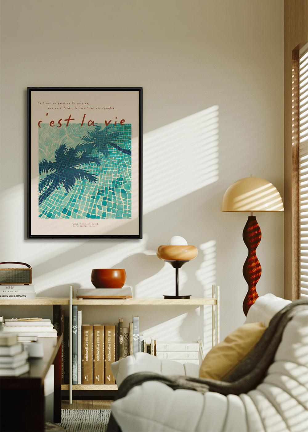 Illustrazione piscina con ombre di palma