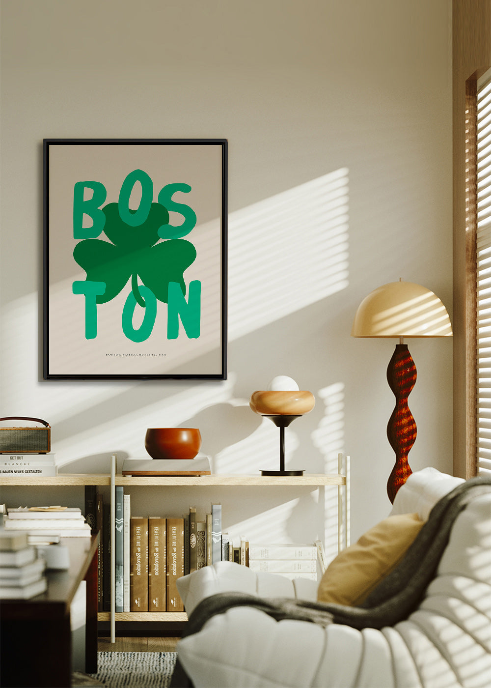 Poster di viaggio Boston con quadrifoglio grafico
