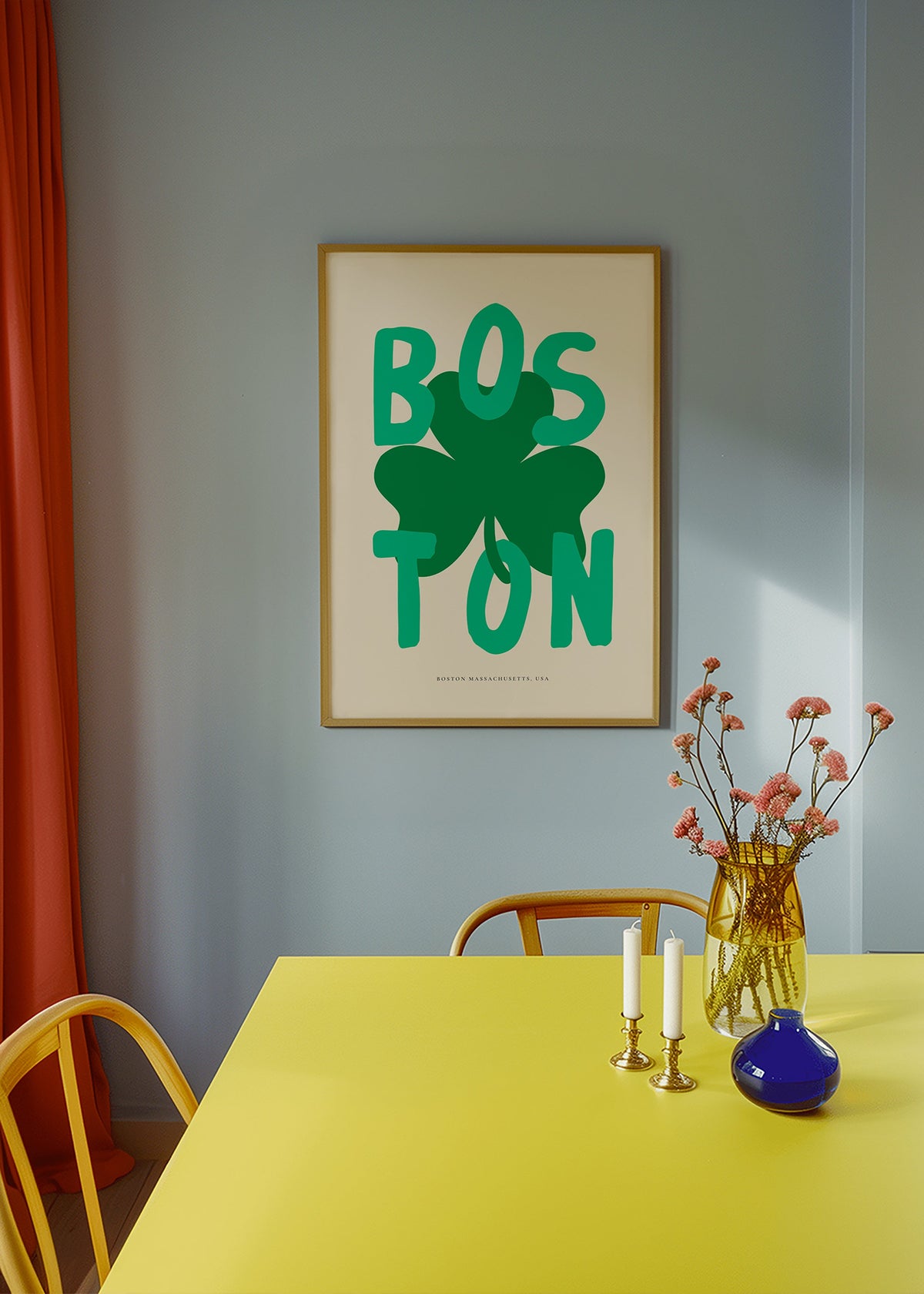 Poster di viaggio Boston con quadrifoglio grafico