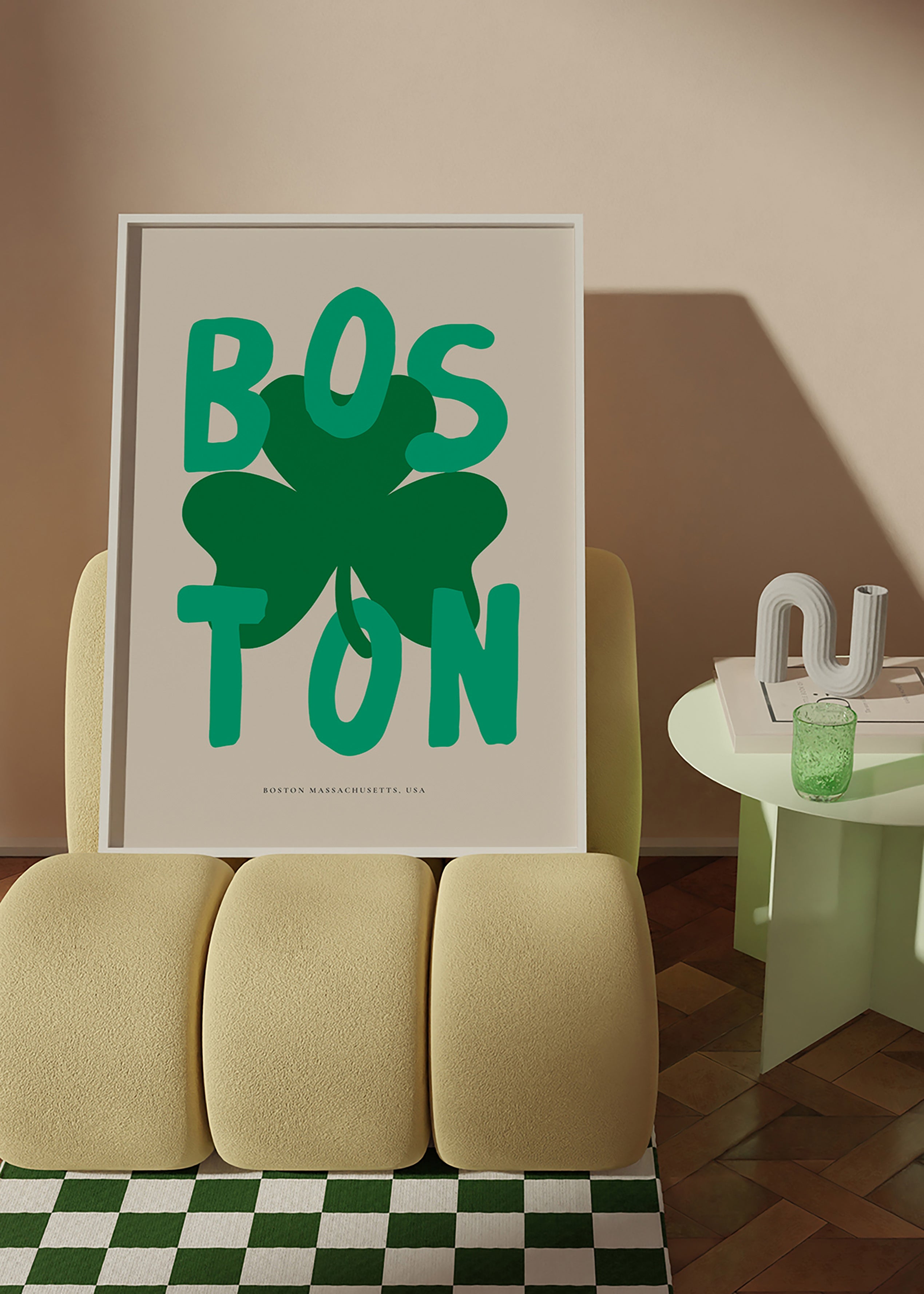Poster di viaggio Boston con quadrifoglio grafico