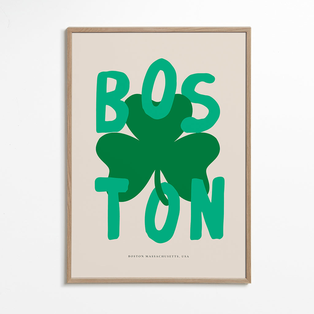 Poster di viaggio Boston con quadrifoglio grafico