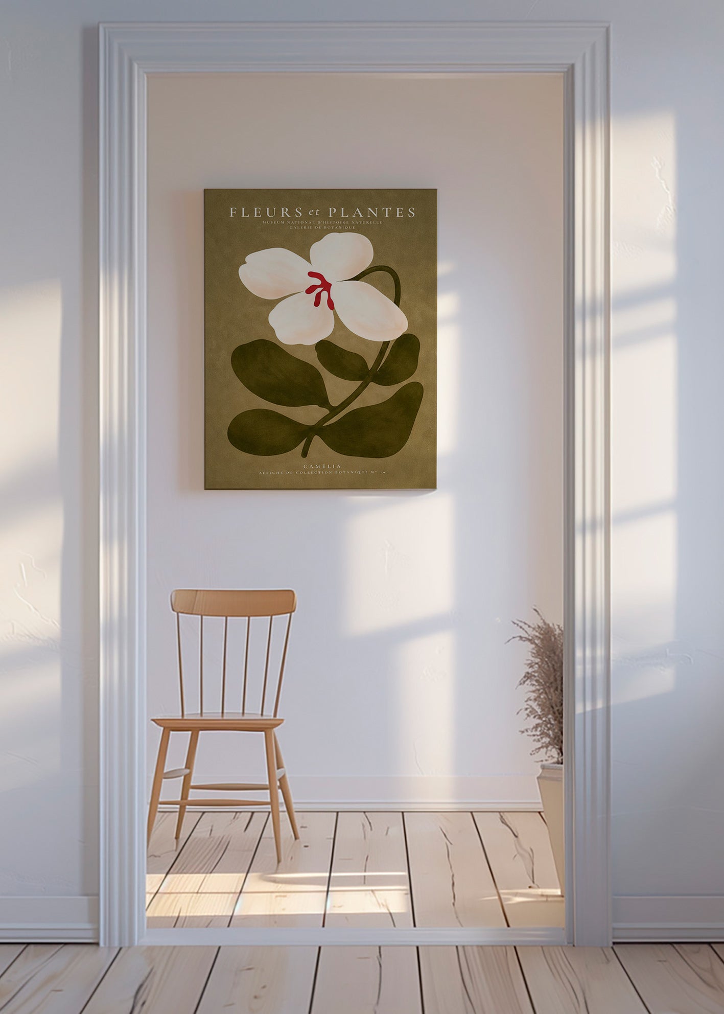 Stampa botanica: camelia bianca su sfondo oliva