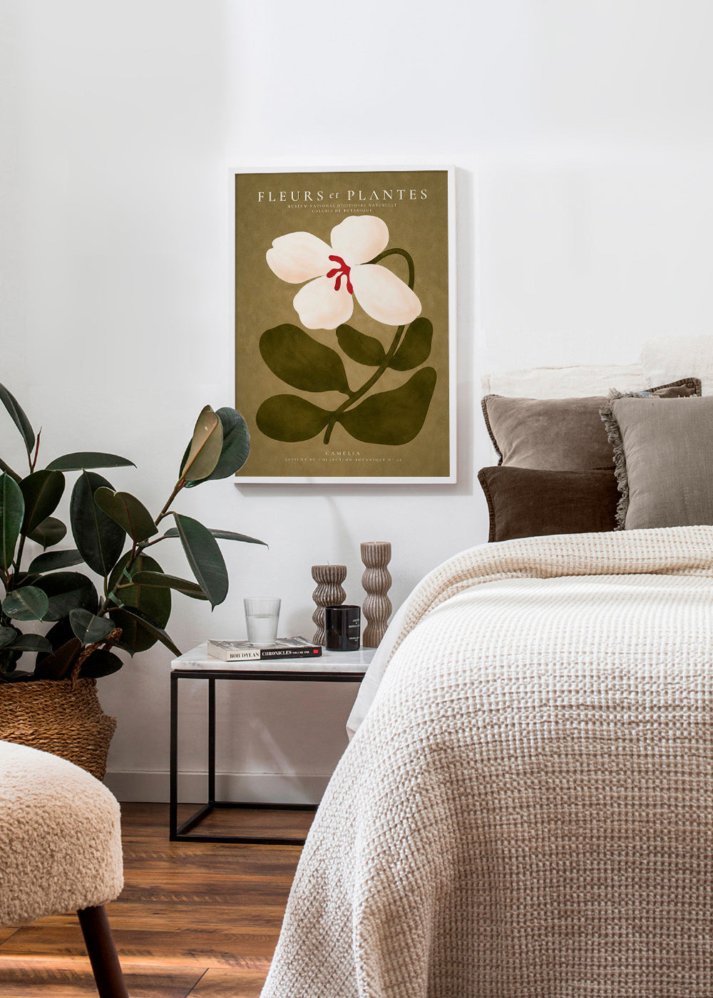 Stampa botanica: camelia bianca su sfondo oliva