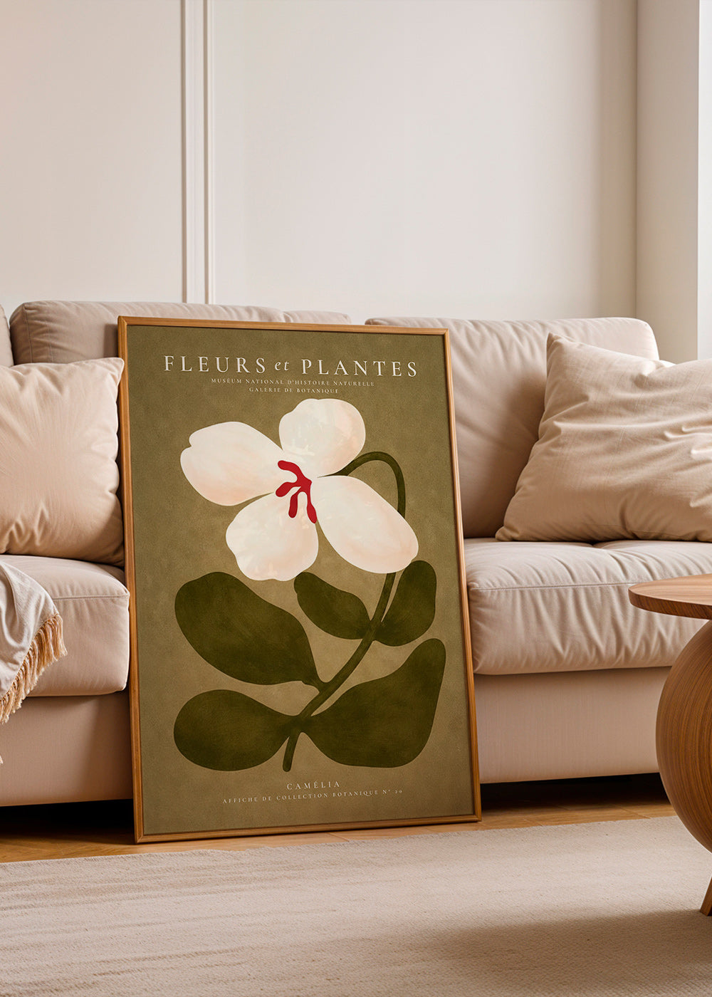 Stampa botanica: camelia bianca su sfondo oliva