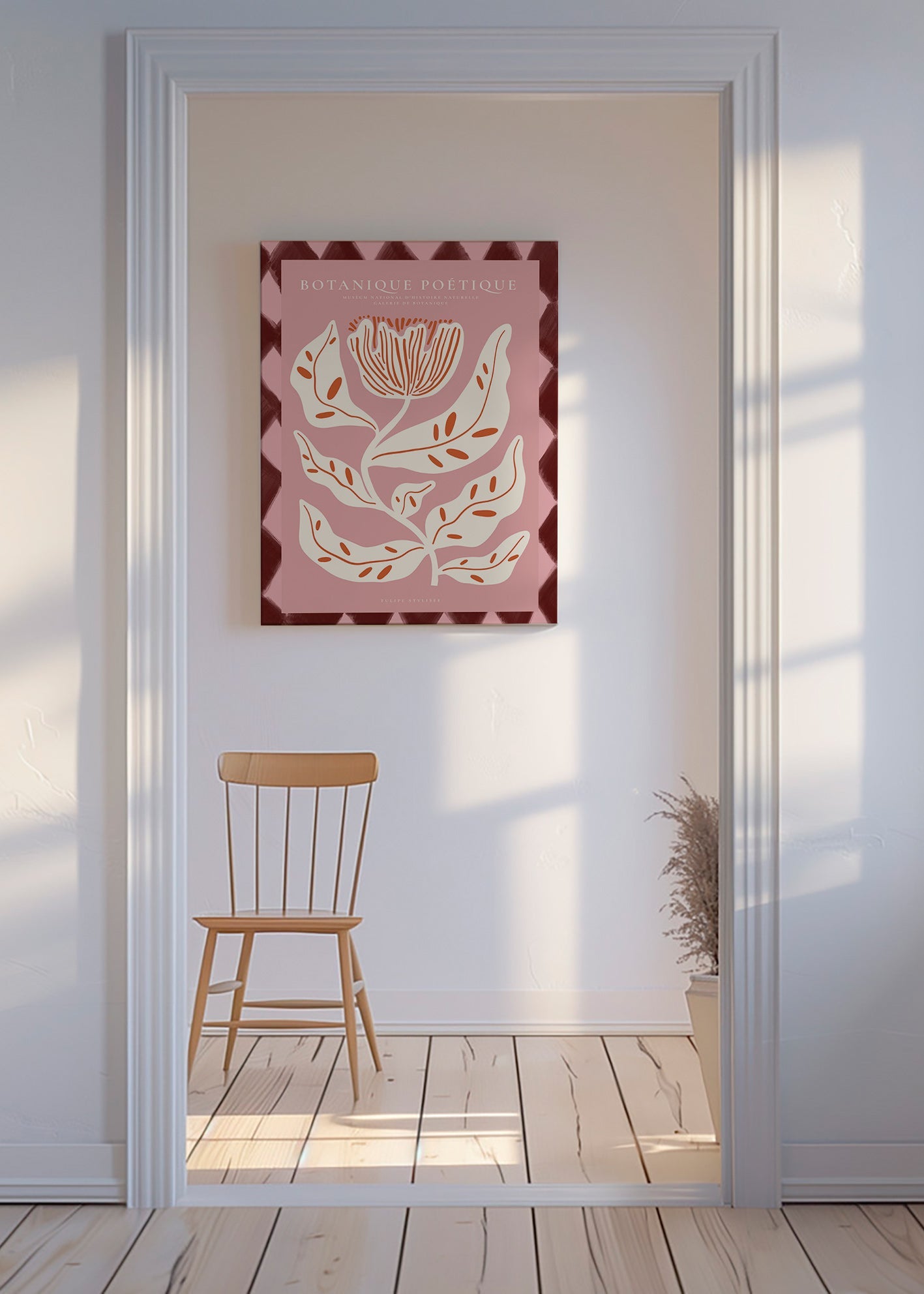 Stampa botanica con fiore stilizzato rosa