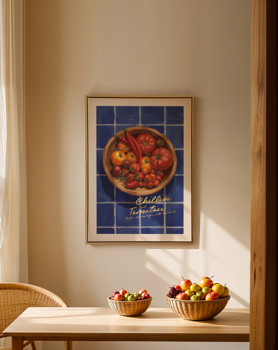 Chillies and Tomatoes - Framed canvas in an interior