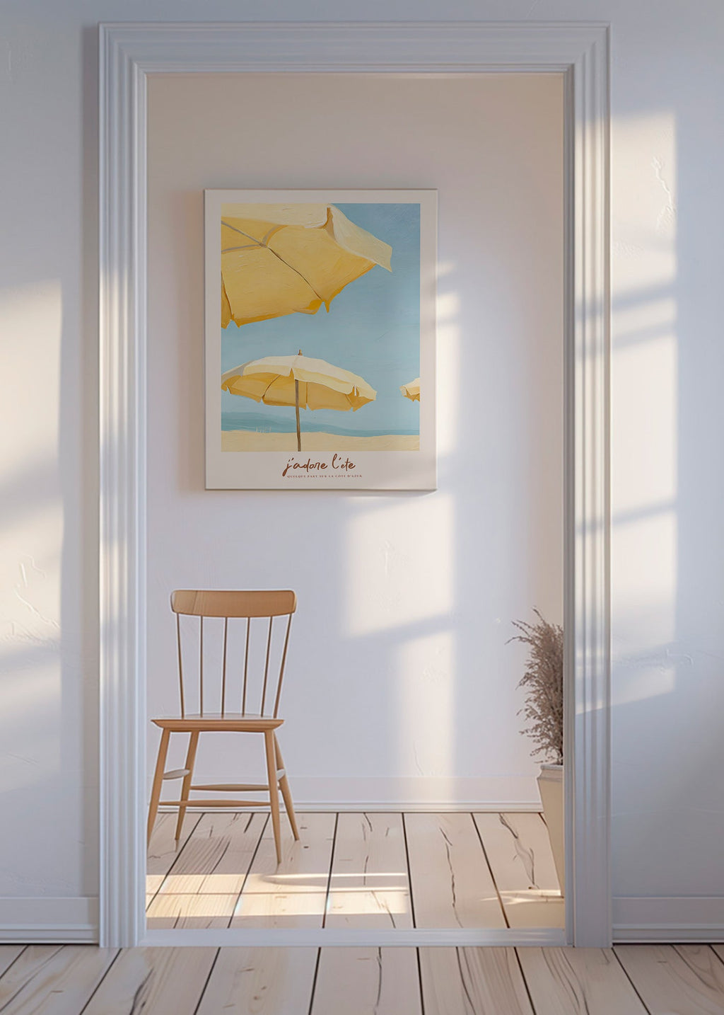 Quadro di paesaggio con ombrelloni gialli