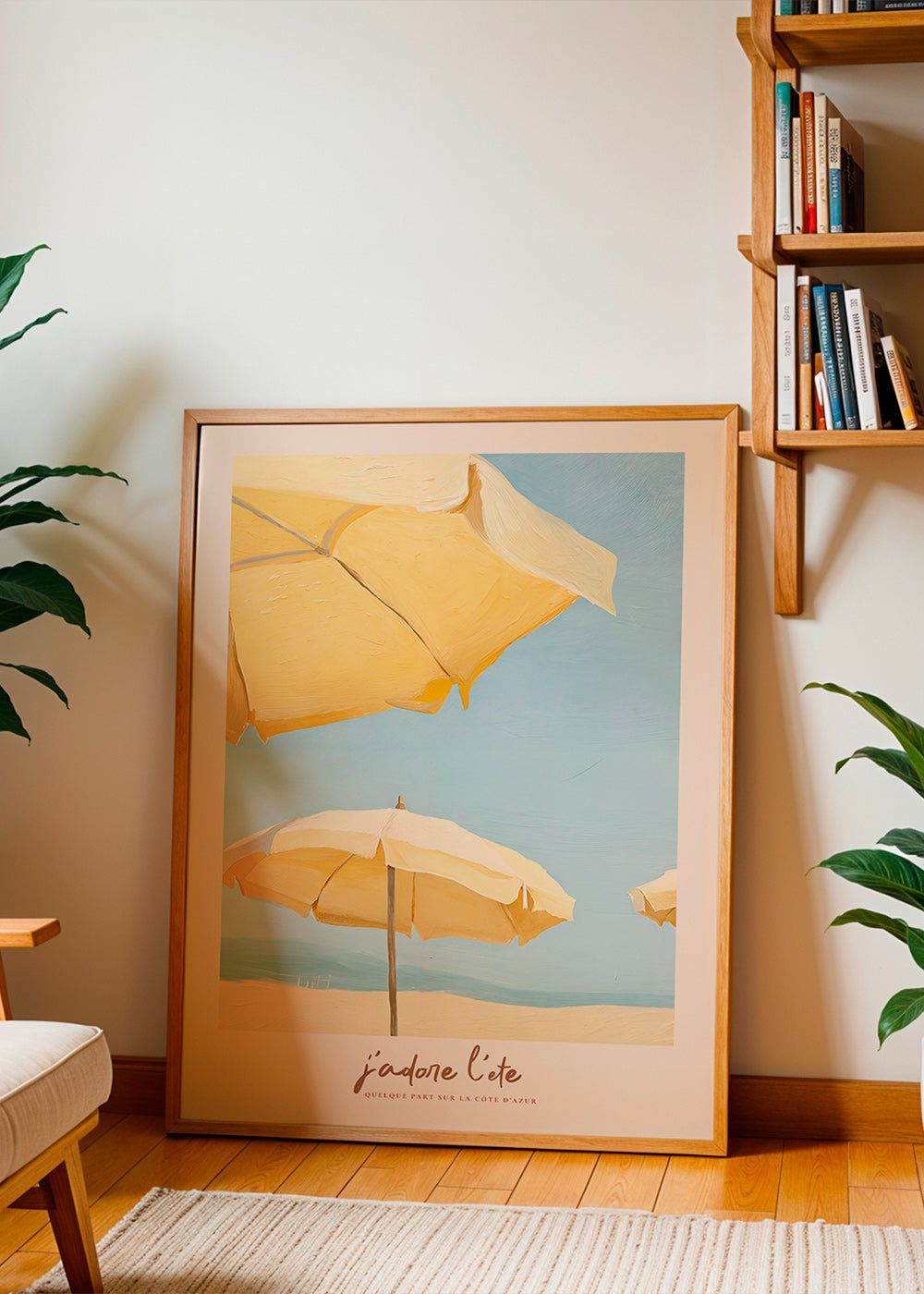 Quadro di paesaggio con ombrelloni gialli