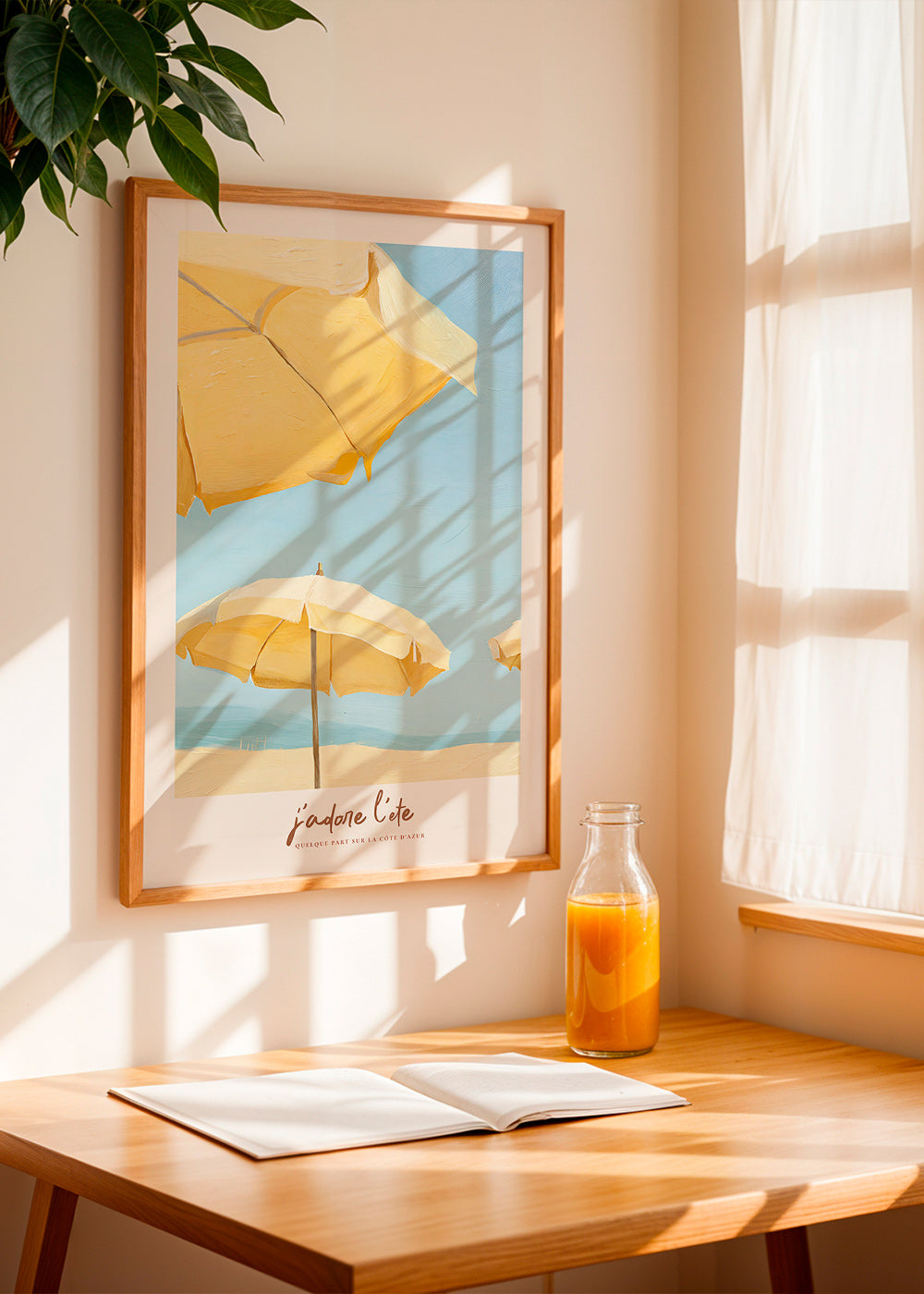 Quadro di paesaggio con ombrelloni gialli