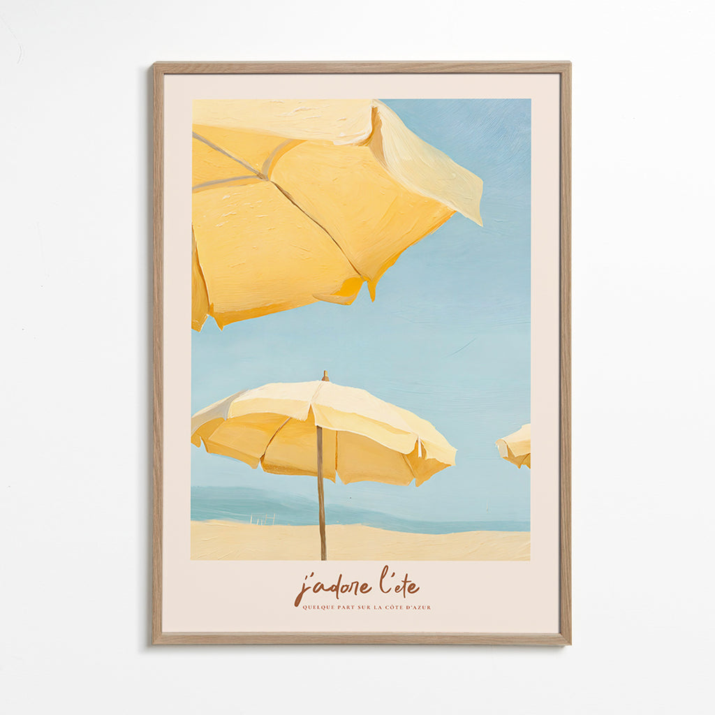 Quadro di paesaggio con ombrelloni gialli