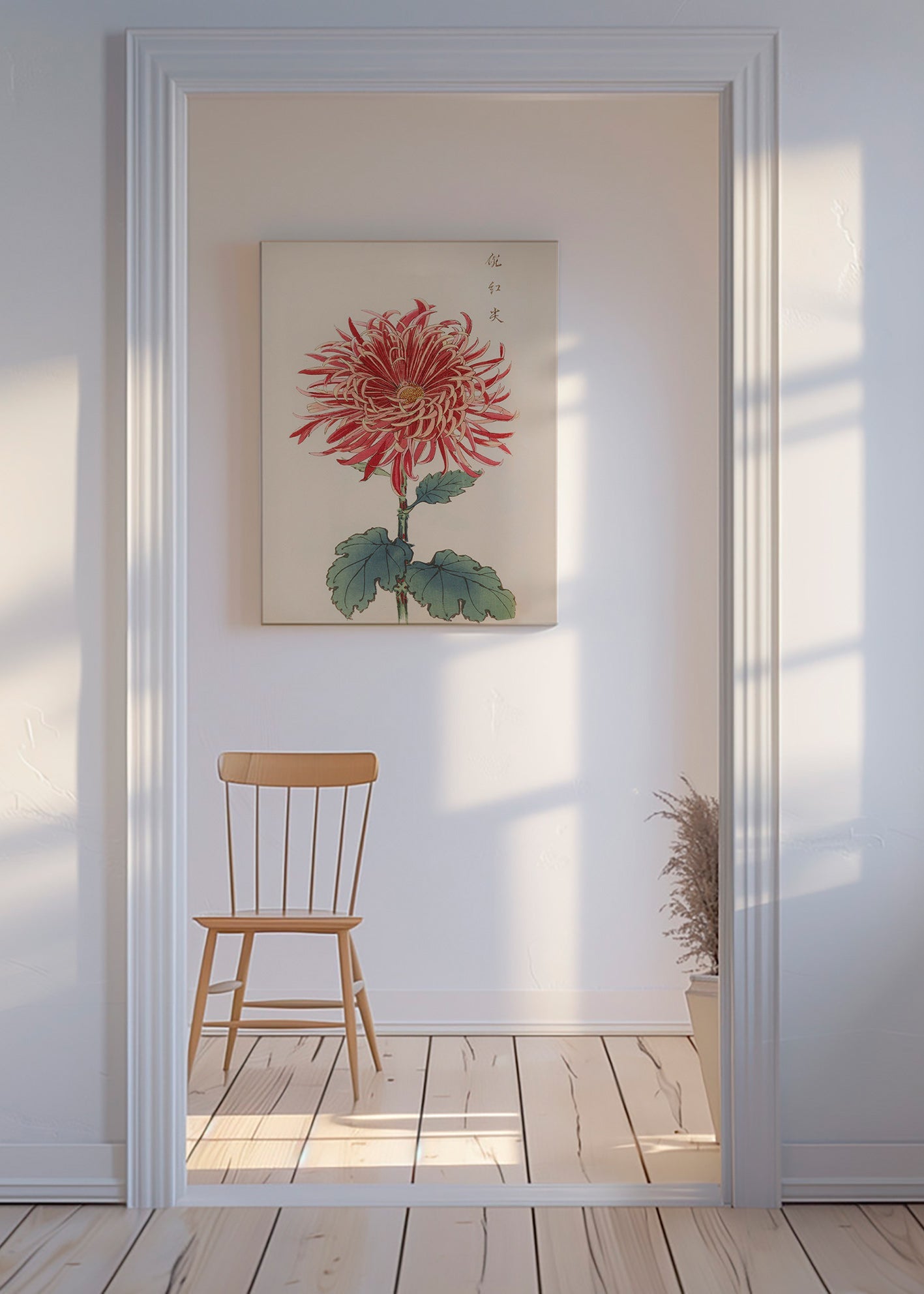 Stampa botanica crisantemo rosso dettagliato