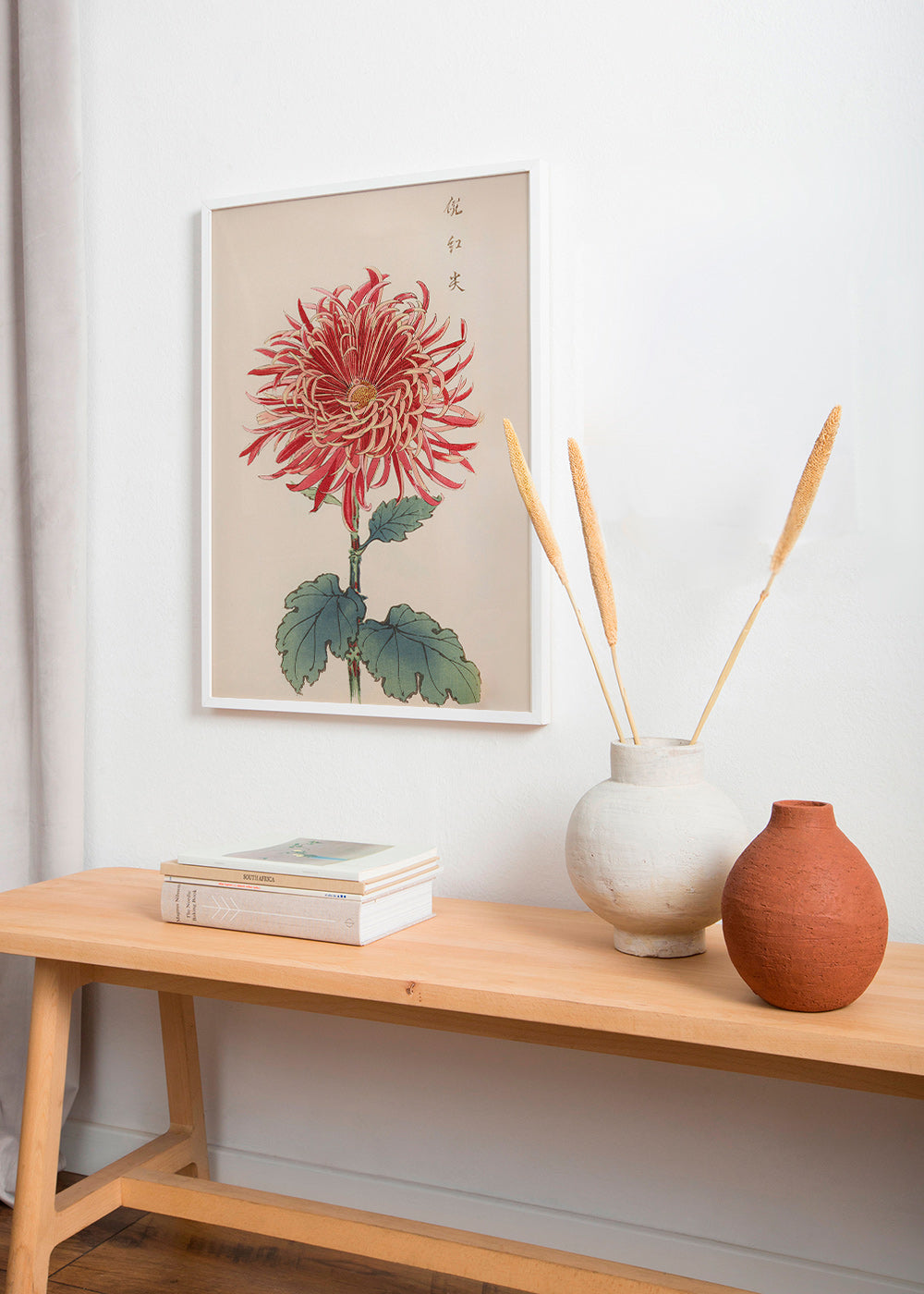 Stampa botanica crisantemo rosso dettagliato