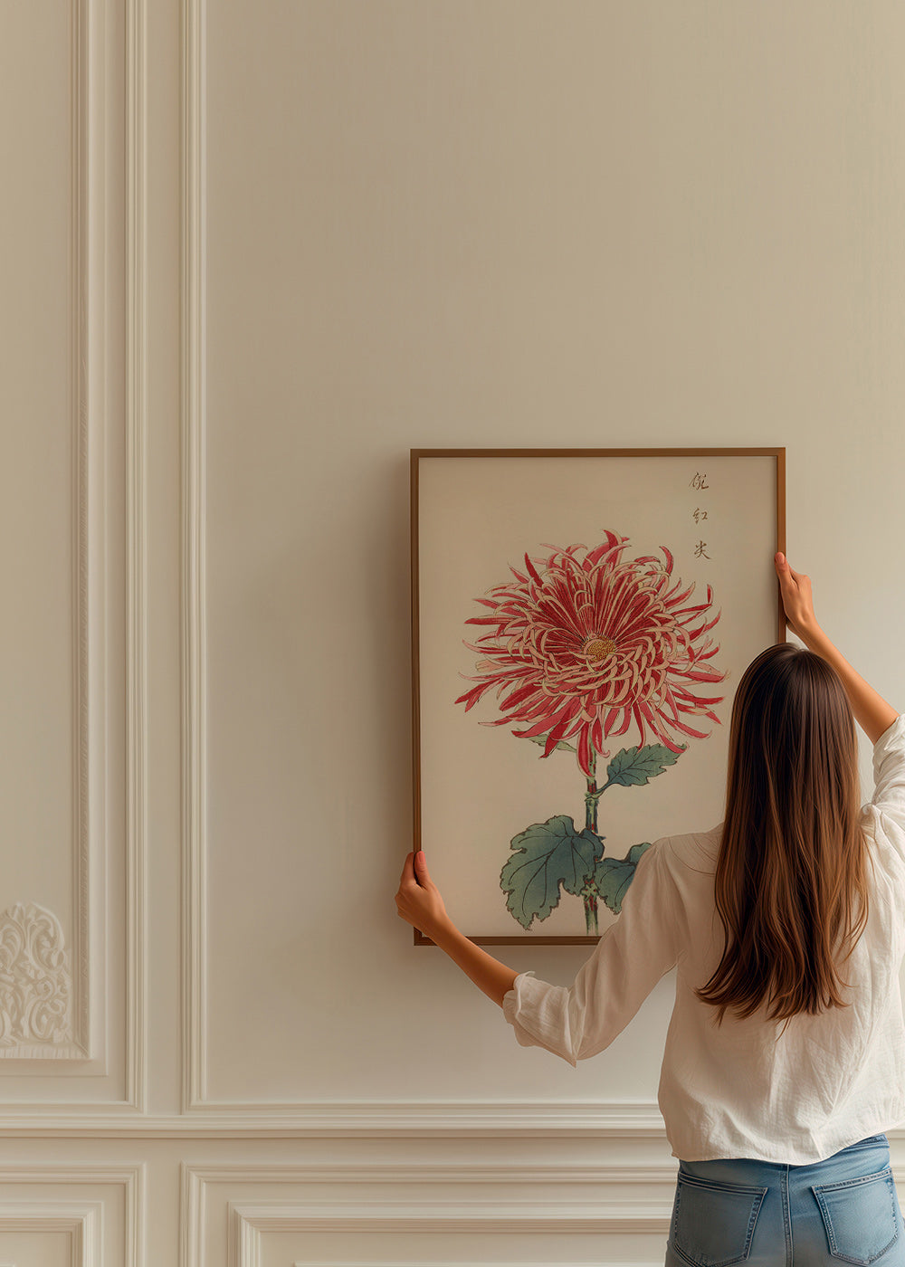 Stampa botanica crisantemo rosso dettagliato