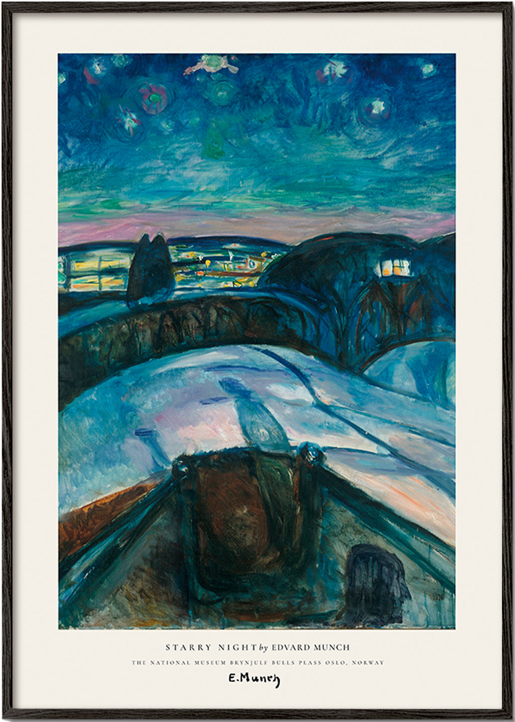 Quadro paesaggistico cielo stellato e colline innevate
