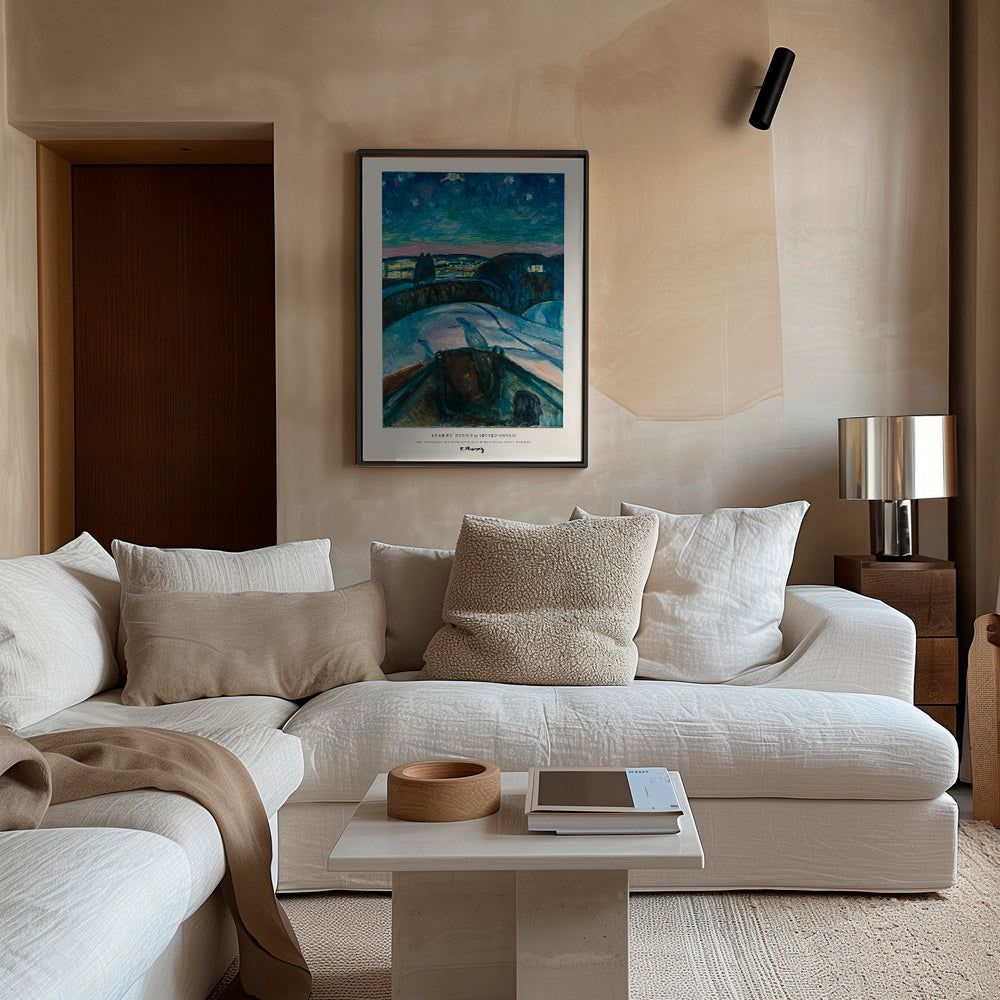 Quadro paesaggistico cielo stellato e colline innevate