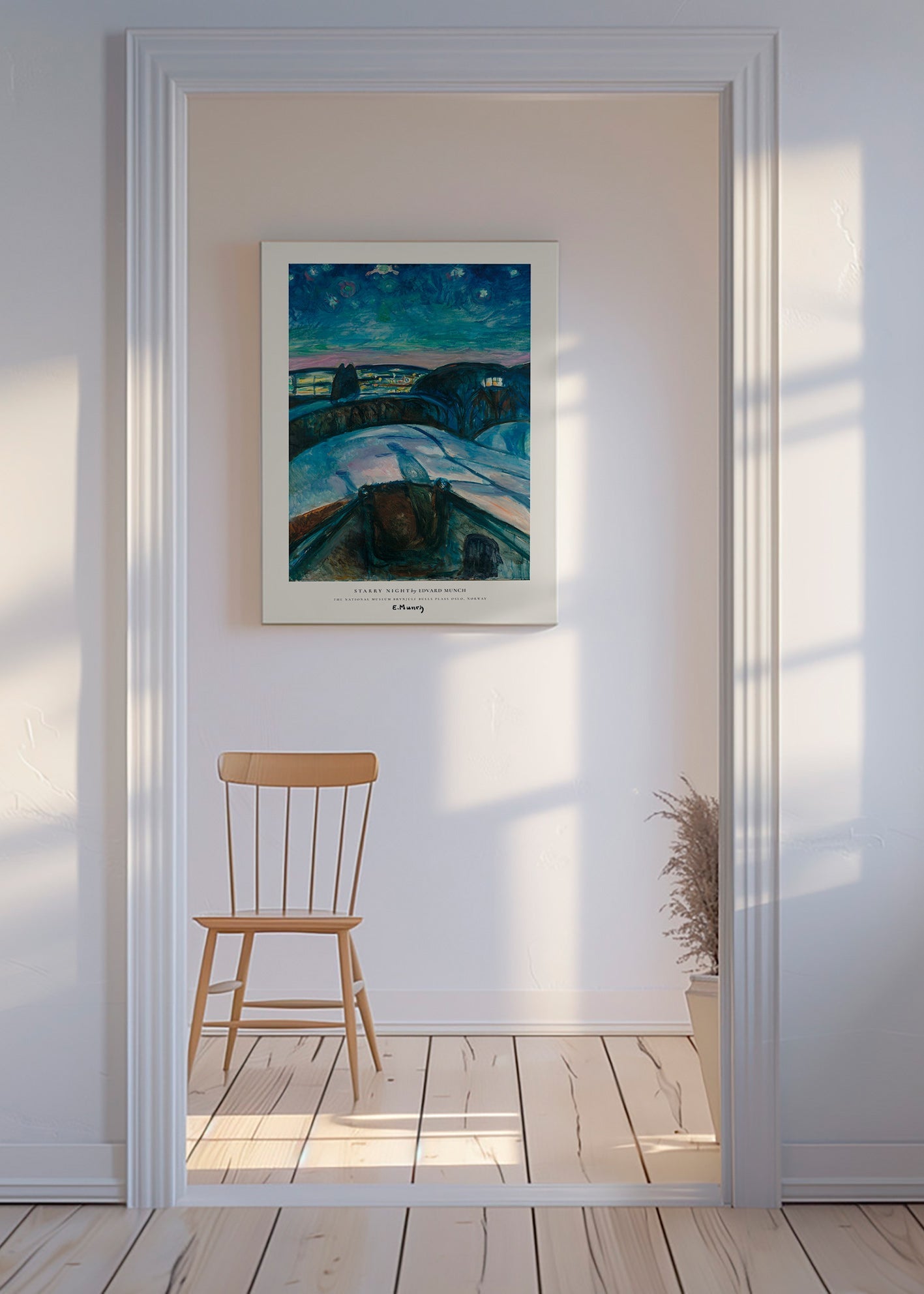 Quadro paesaggistico cielo stellato e colline innevate