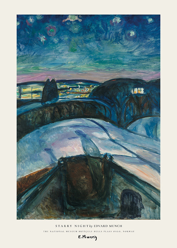 Quadro paesaggistico cielo stellato e colline innevate