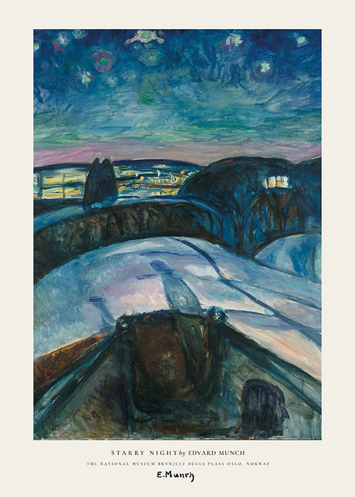 Quadro paesaggistico cielo stellato e colline innevate
