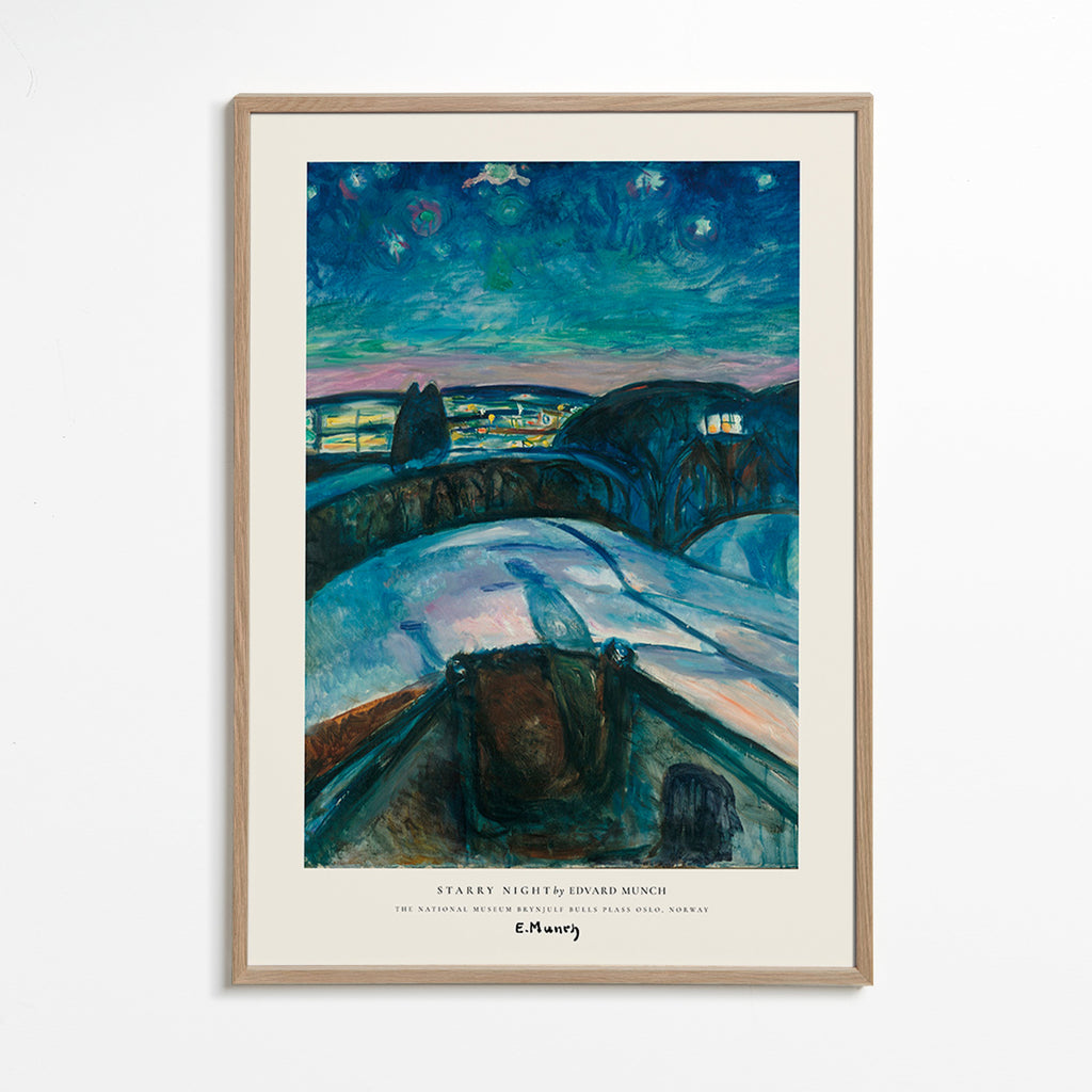 Quadro paesaggistico cielo stellato e colline innevate