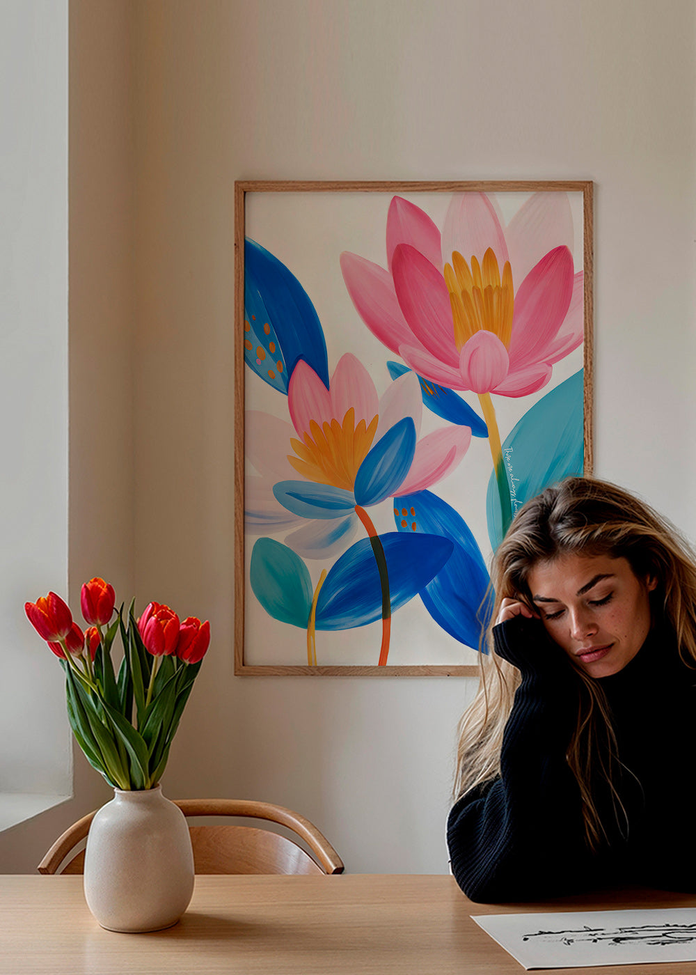 Stampa botanica fiori rosa e blu