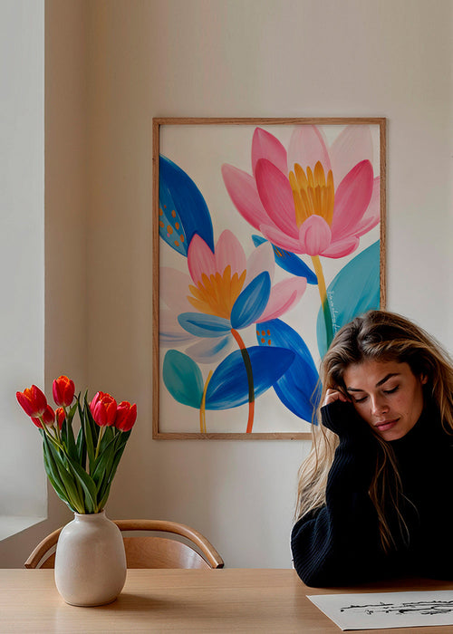 Stampa botanica fiori rosa e blu