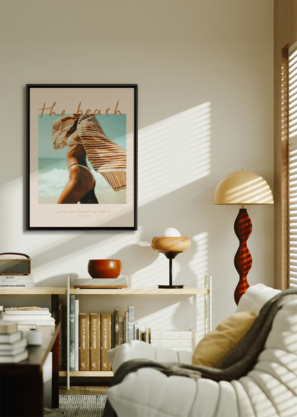 Quadro paesaggio con figura in spiaggia e asciugamano a righe