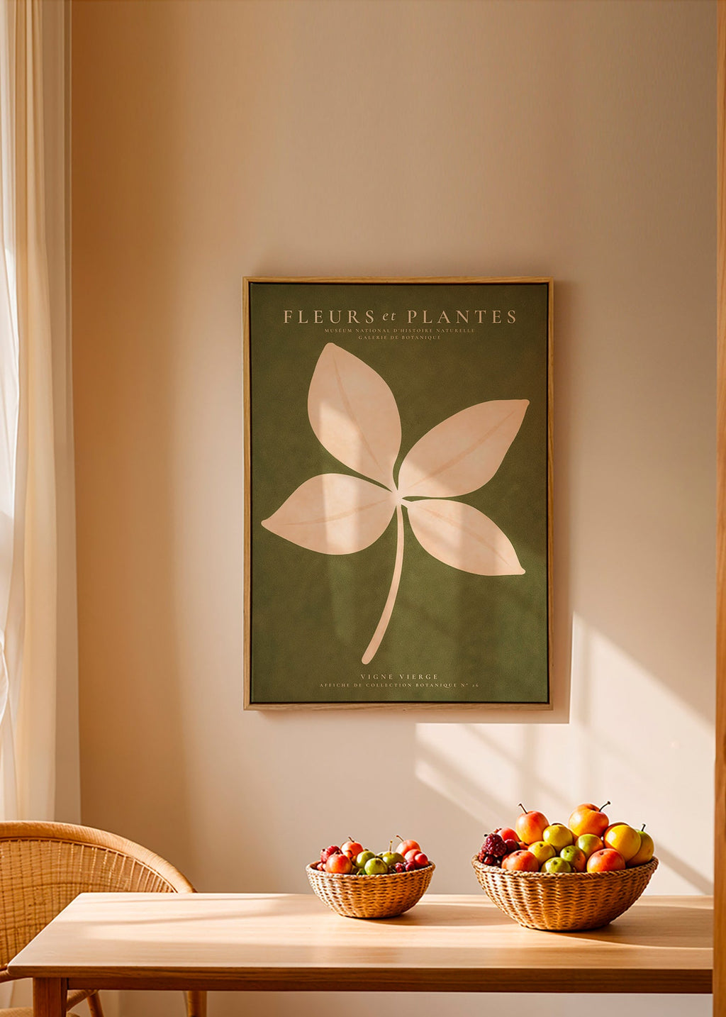 Stampa botanica: foglia crema su fondo verde