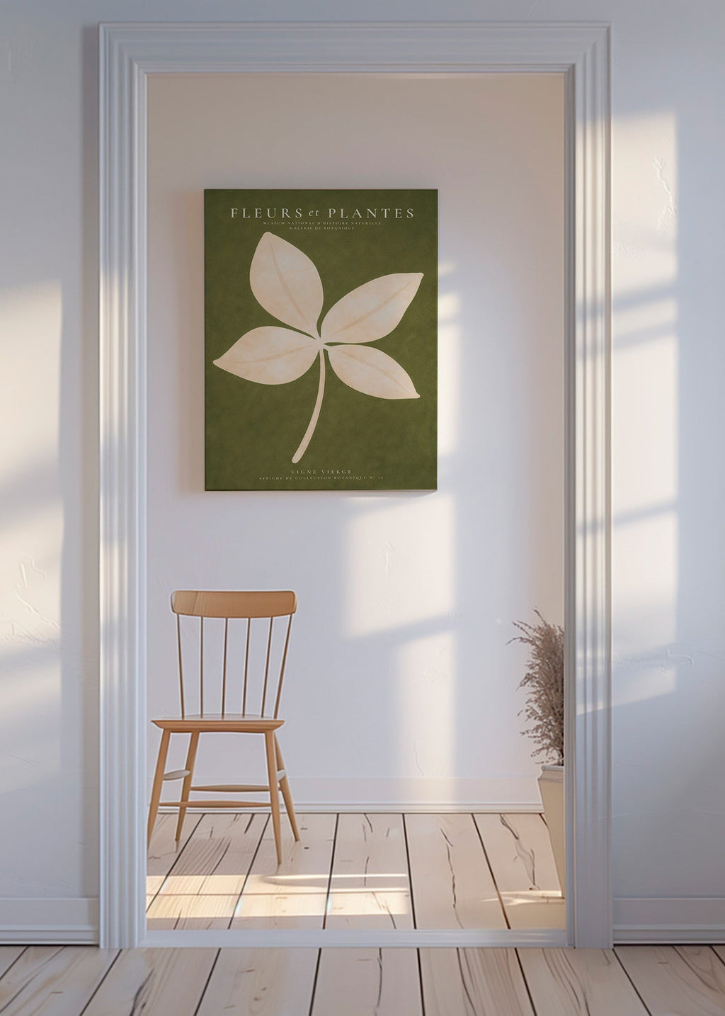Stampa botanica: foglia crema su fondo verde