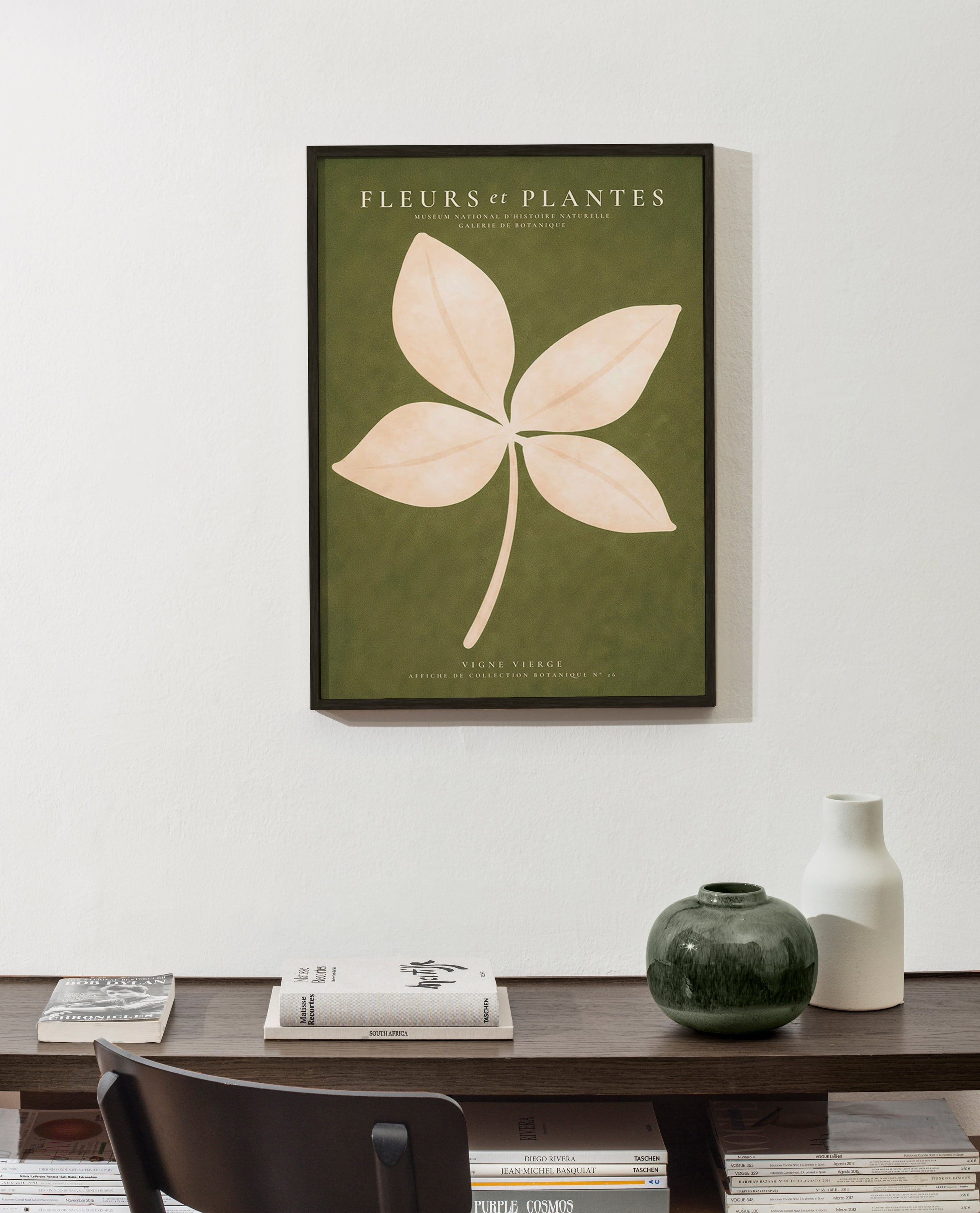 Stampa botanica: foglia crema su fondo verde
