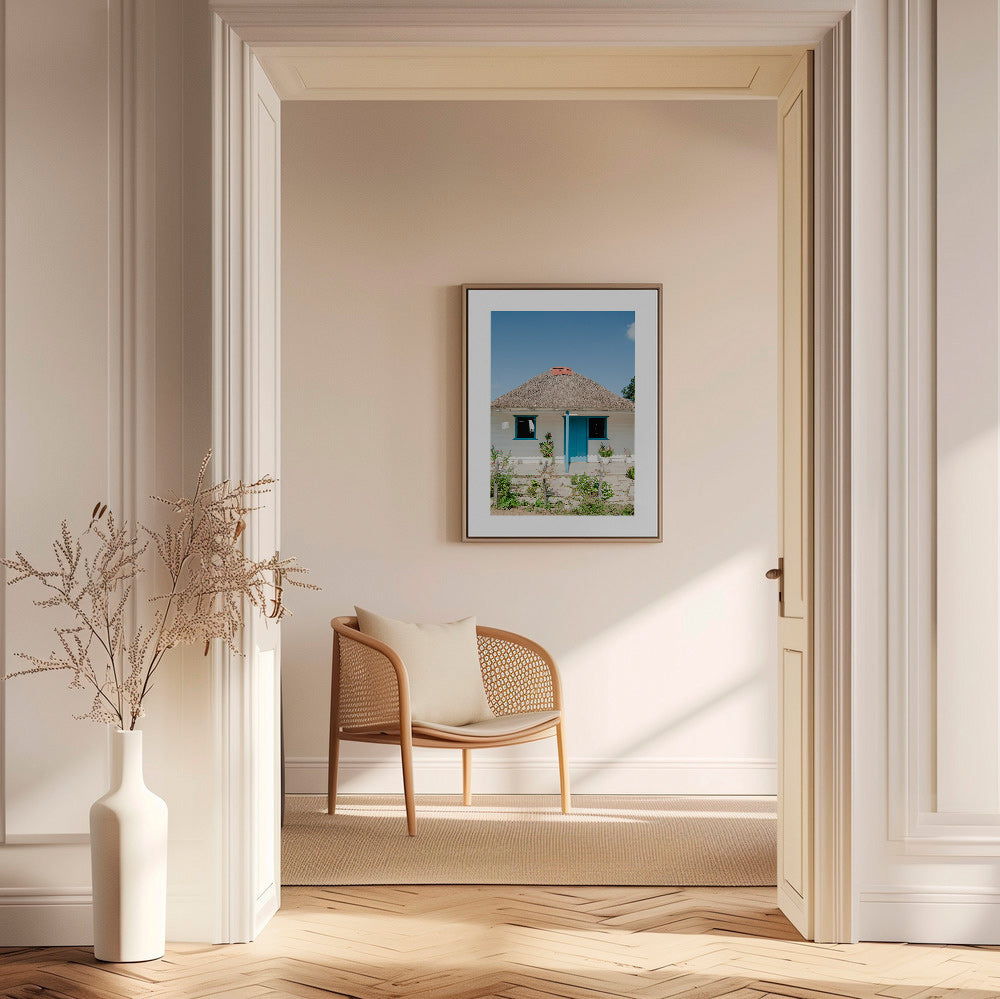 Quadro paesaggistico con casetta e porta blu