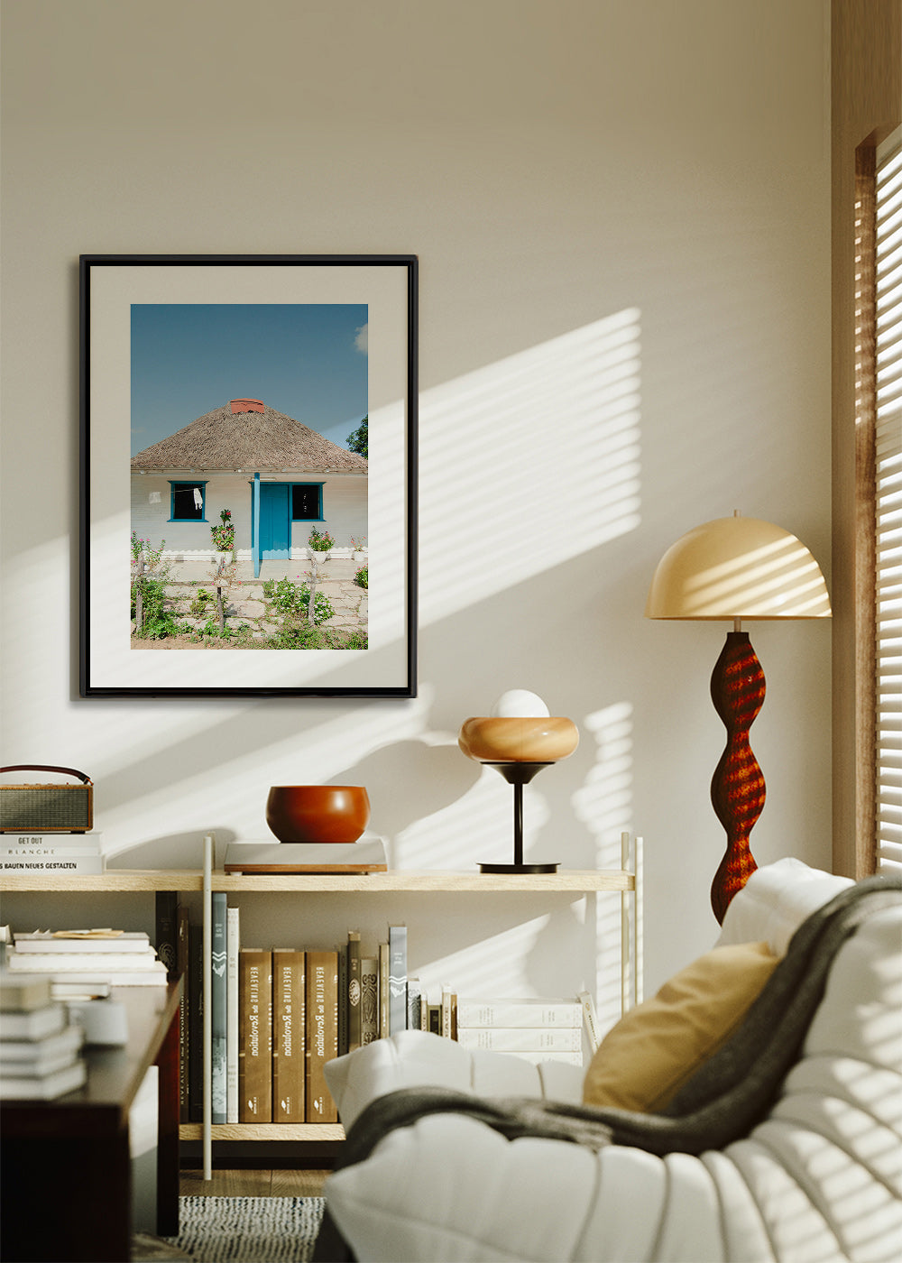 Quadro paesaggistico con casetta e porta blu